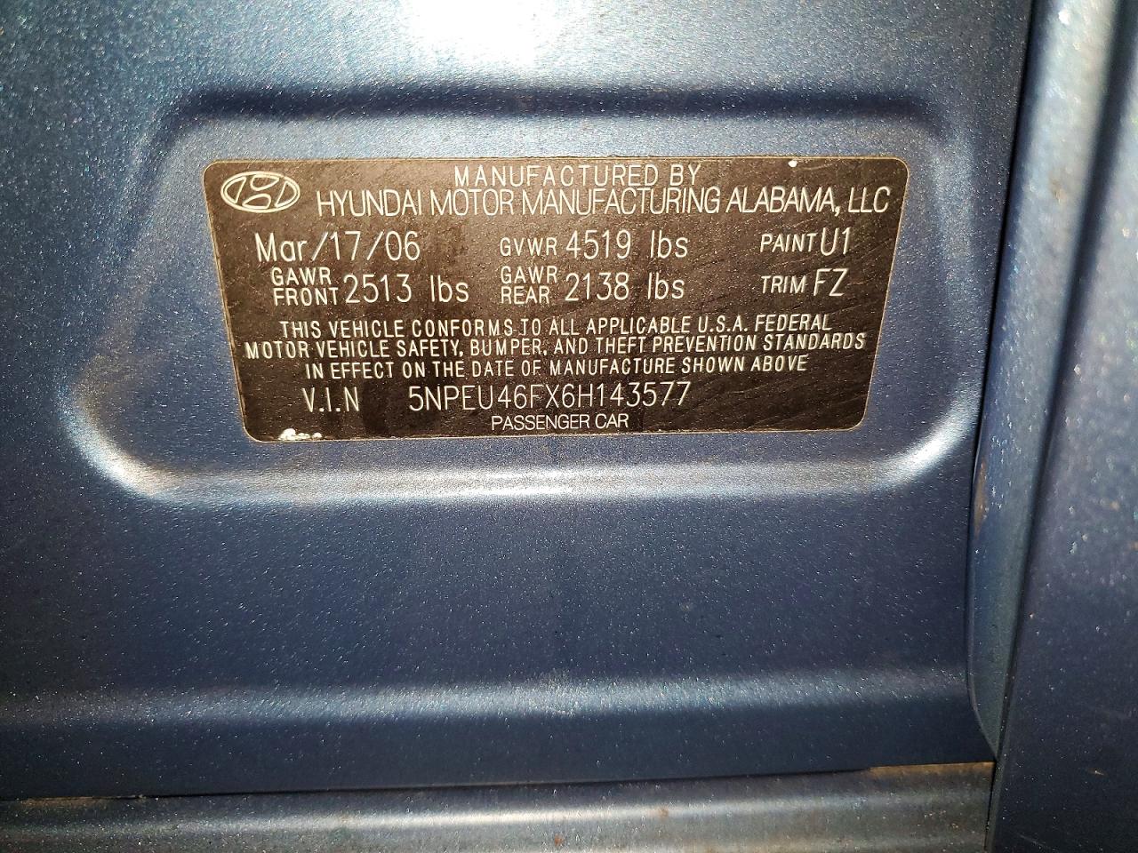 2006 Hyundai Sonata Blue vin: 5NPEU46FX6H143577