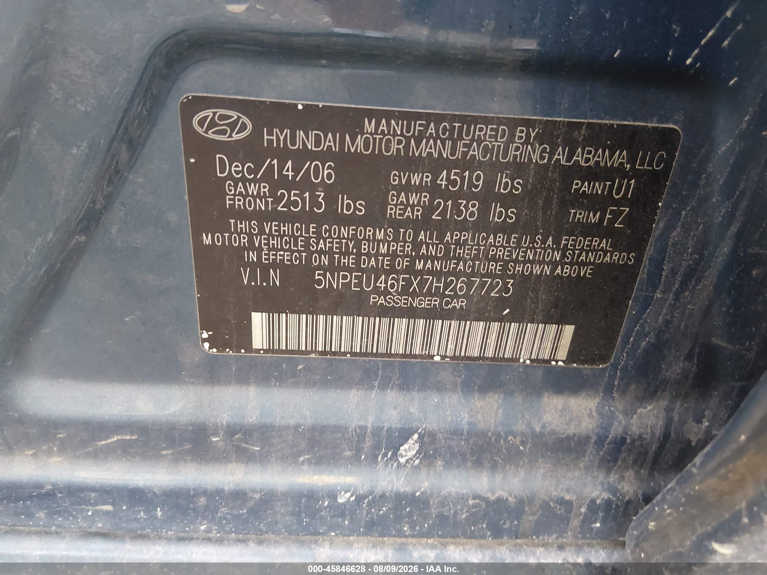 2007 Hyundai Sonata Limited/limited W/xm/se/se W/xm Blue vin: 5NPEU46FX7H267723