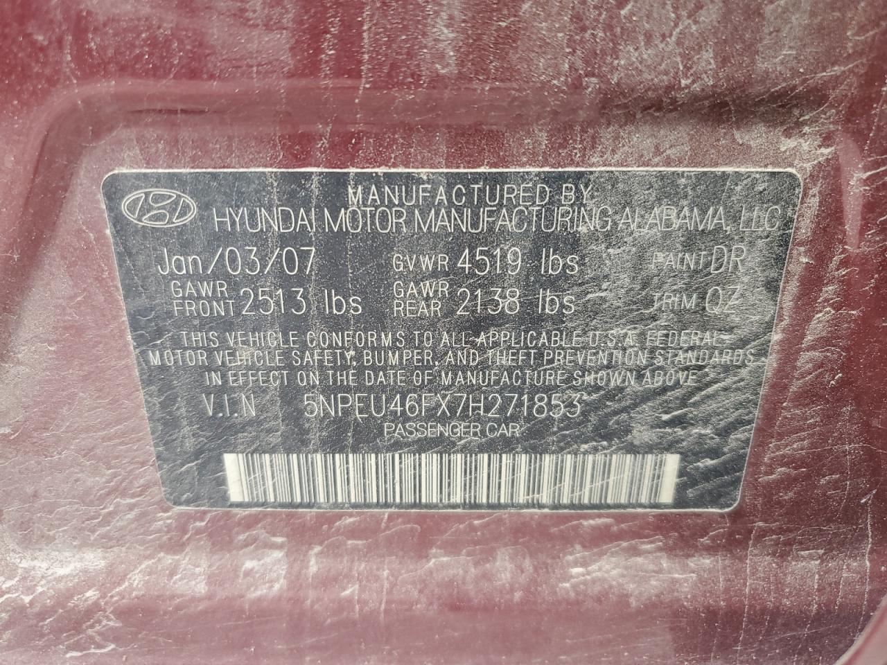 2007 Hyundai Sonata Se Burgundy vin: 5NPEU46FX7H271853