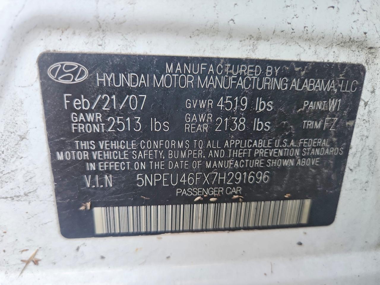 2007 Hyundai Sonata Se White vin: 5NPEU46FX7H291696