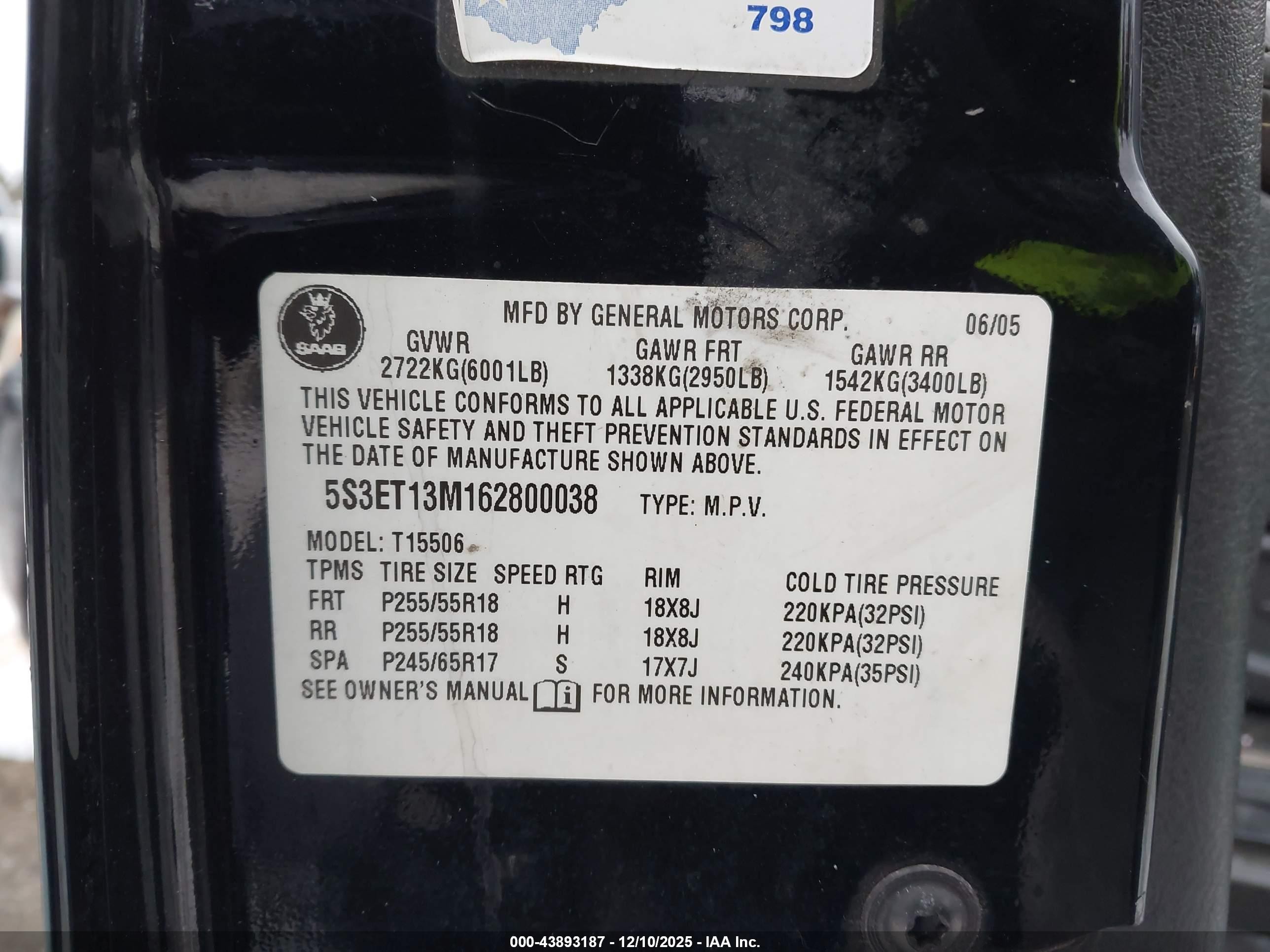 2006 Saab 9-7x 5.3i Black vin: 5S3ET13M162800038