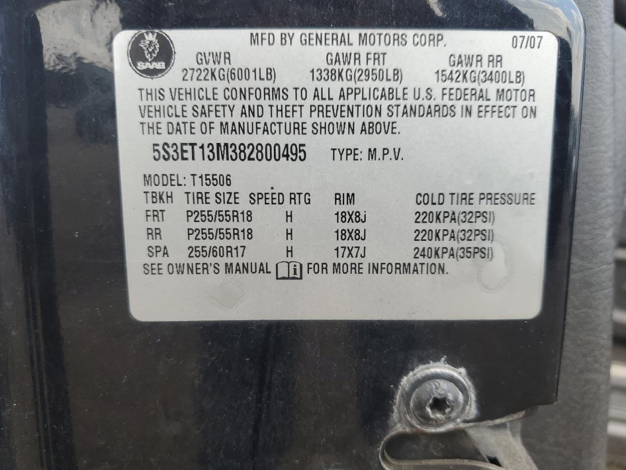 2008 Saab 9-7x 5.3i Black vin: 5S3ET13M382800495