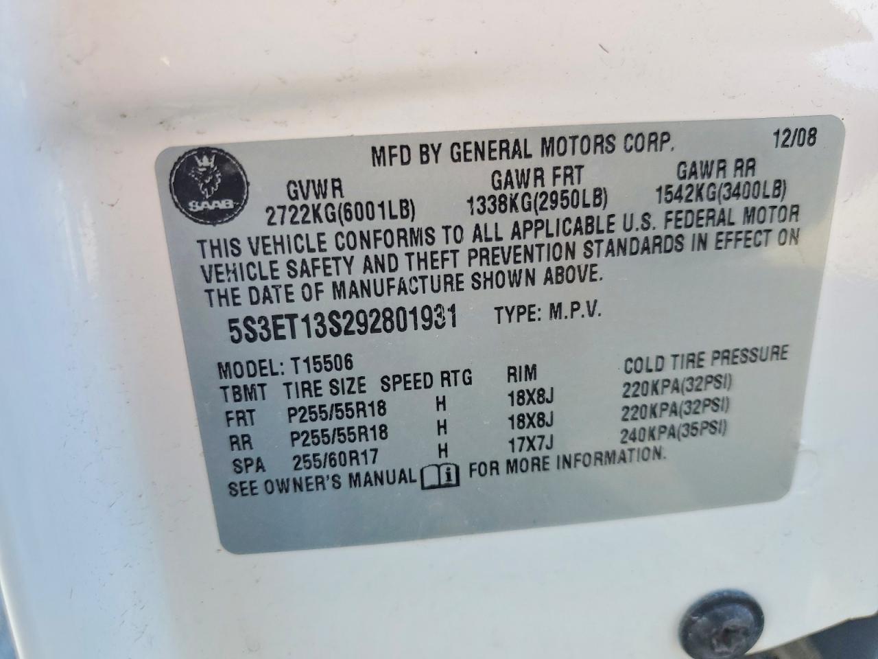 2009 Saab 9-7x 4.2i Белый vin: 5S3ET13S292801931