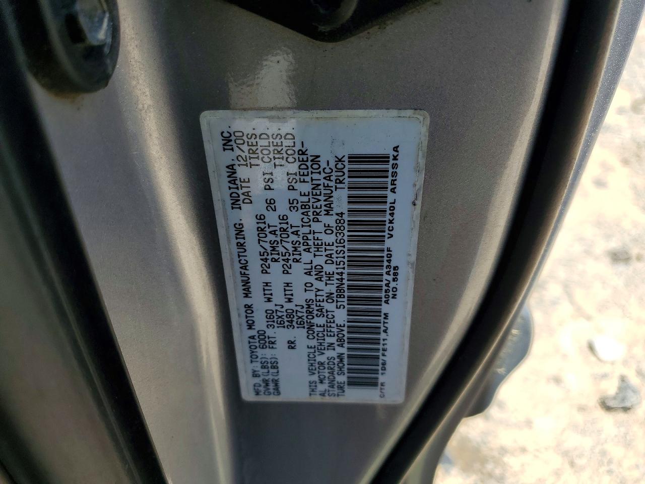 2001 Toyota Tundra Sr5 Gray vin: 5TBBN44151S163884