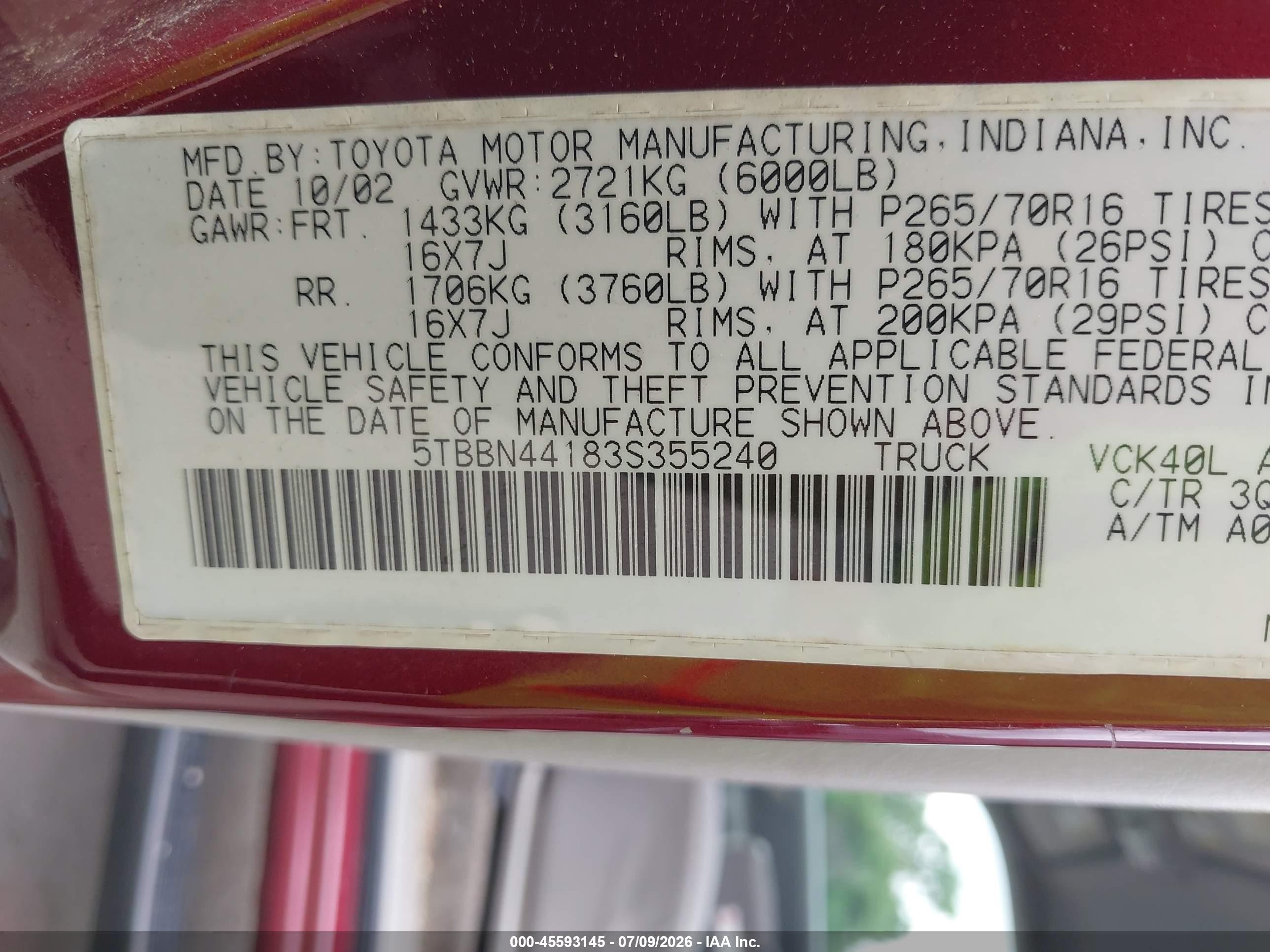 2003 Toyota Tundra Sr5 Maroon vin: 5TBBN44183S355240
