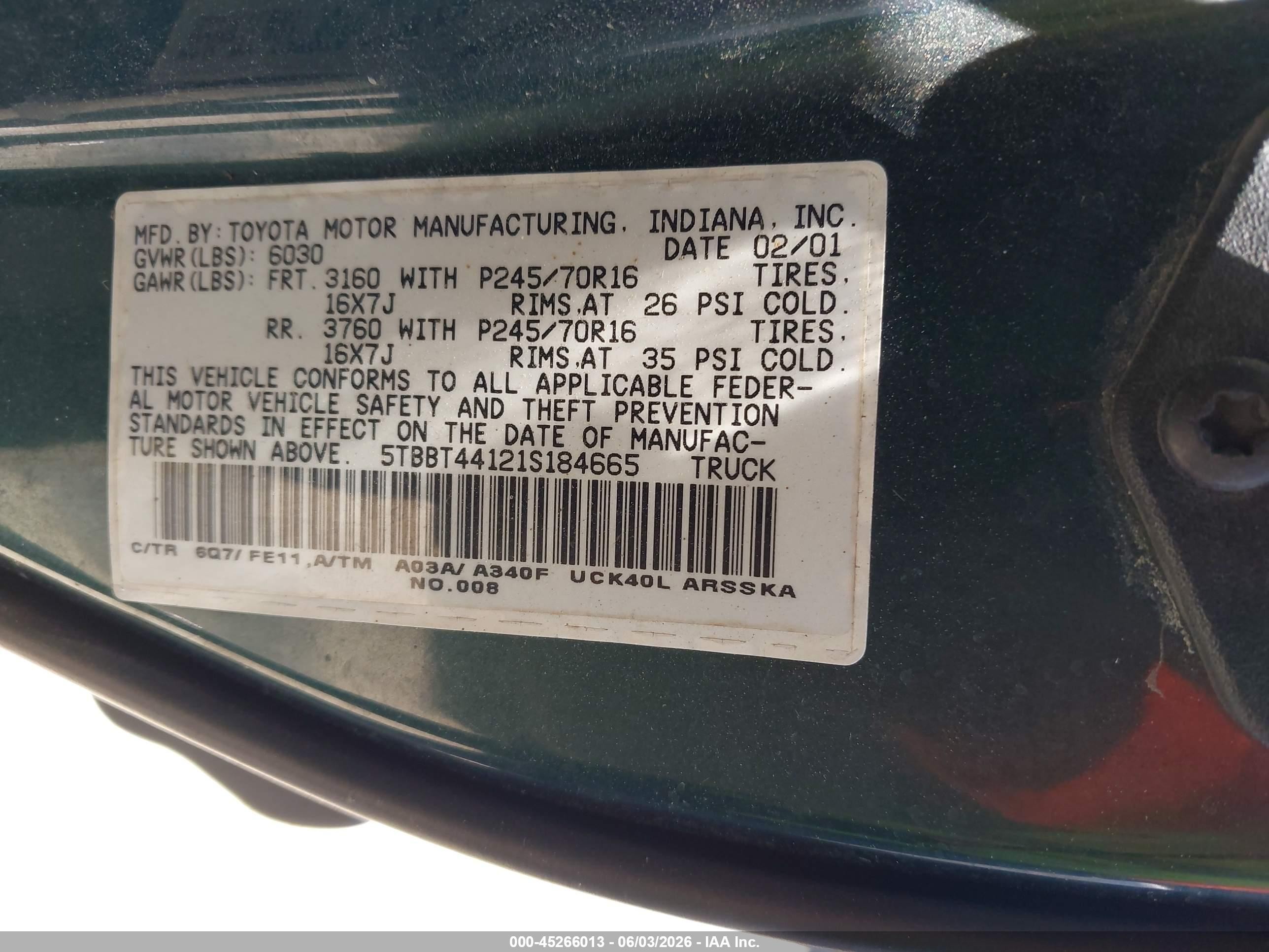 2001 Toyota Tundra Sr5 V8 Green vin: 5TBBT44121S184665