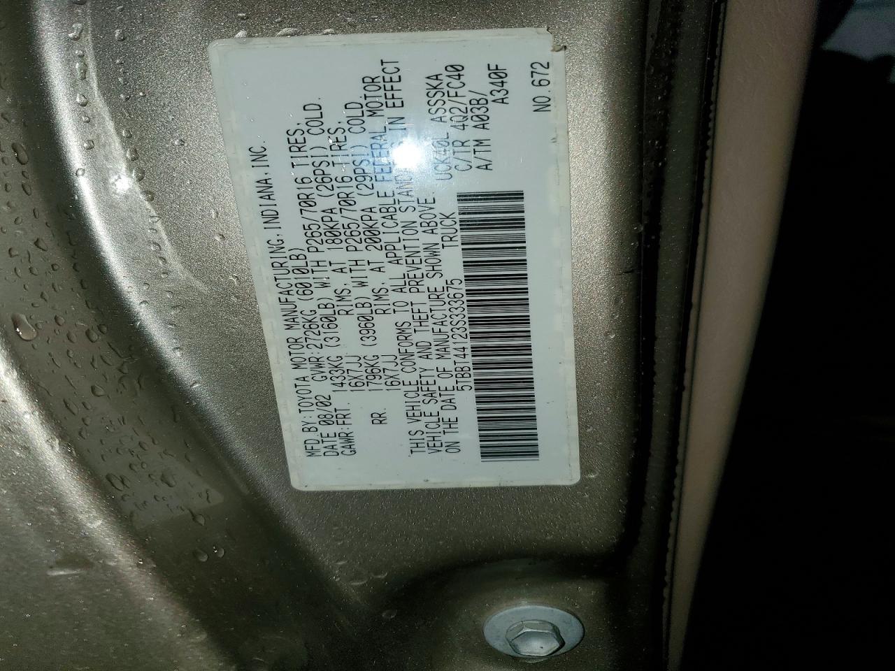 2003 Toyota Tundra Access Cab Sr5 Gold vin: 5TBBT44123S333675