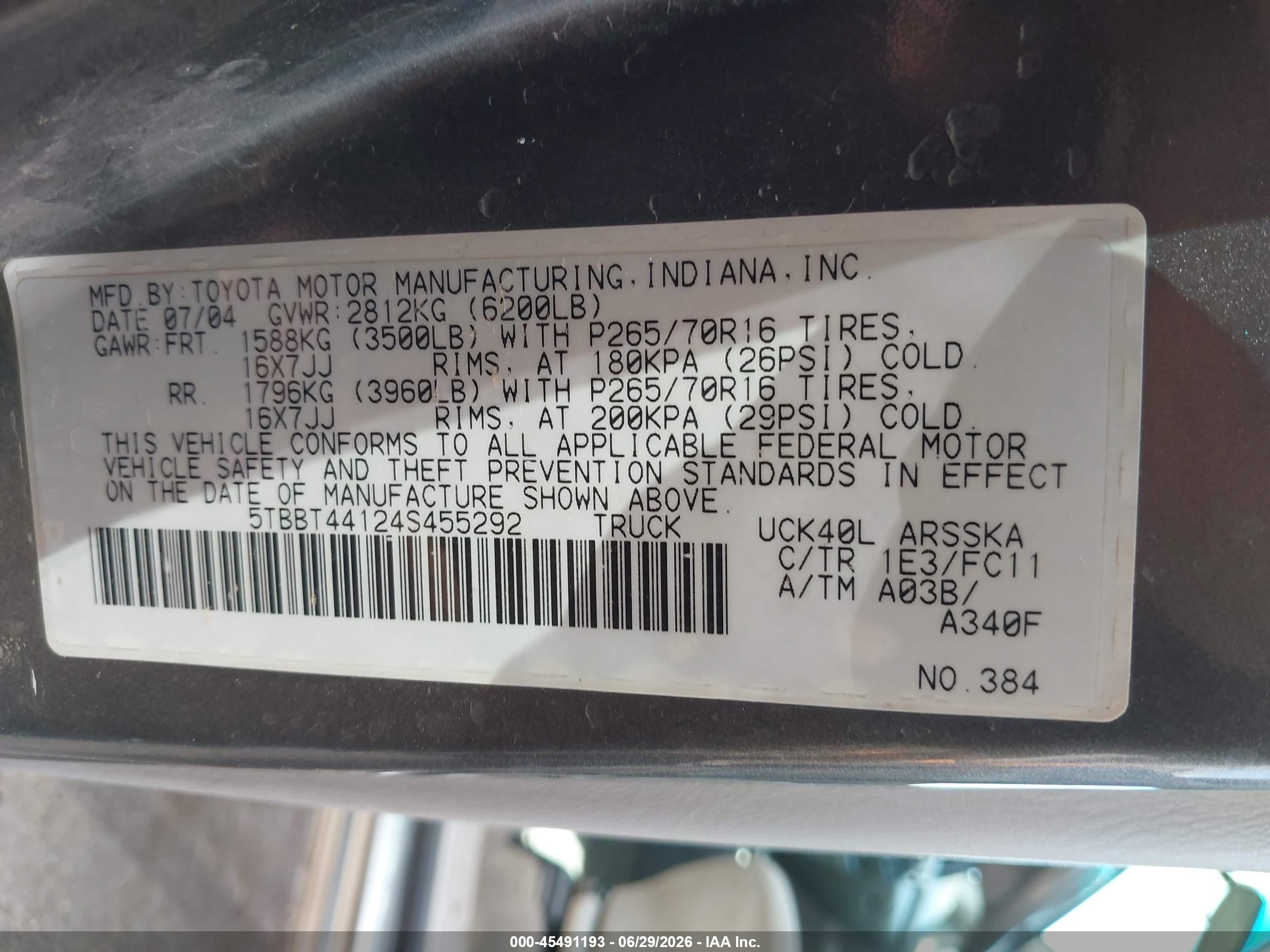 2004 Toyota Tundra Sr5 V8 Gray vin: 5TBBT44124S455292
