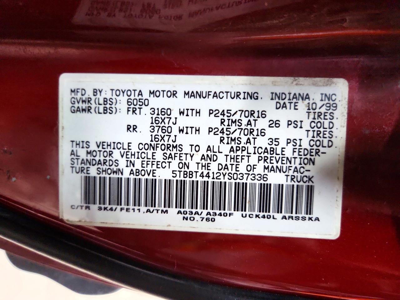 2000 Toyota Tundra Sr5 Burgundy vin: 5TBBT4412YS037336