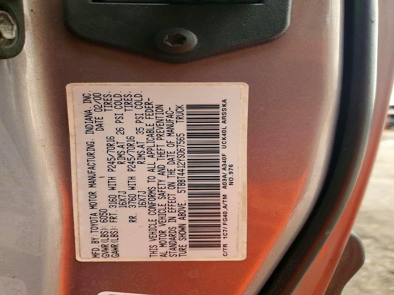2000 Toyota Tundra Access Cab Серый vin: 5TBBT4412YS067565