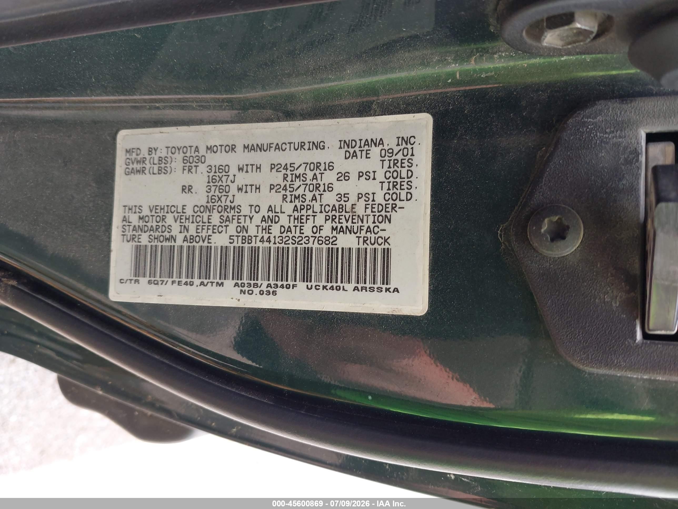 2002 Toyota Tundra Sr5 V8 Green vin: 5TBBT44132S237682