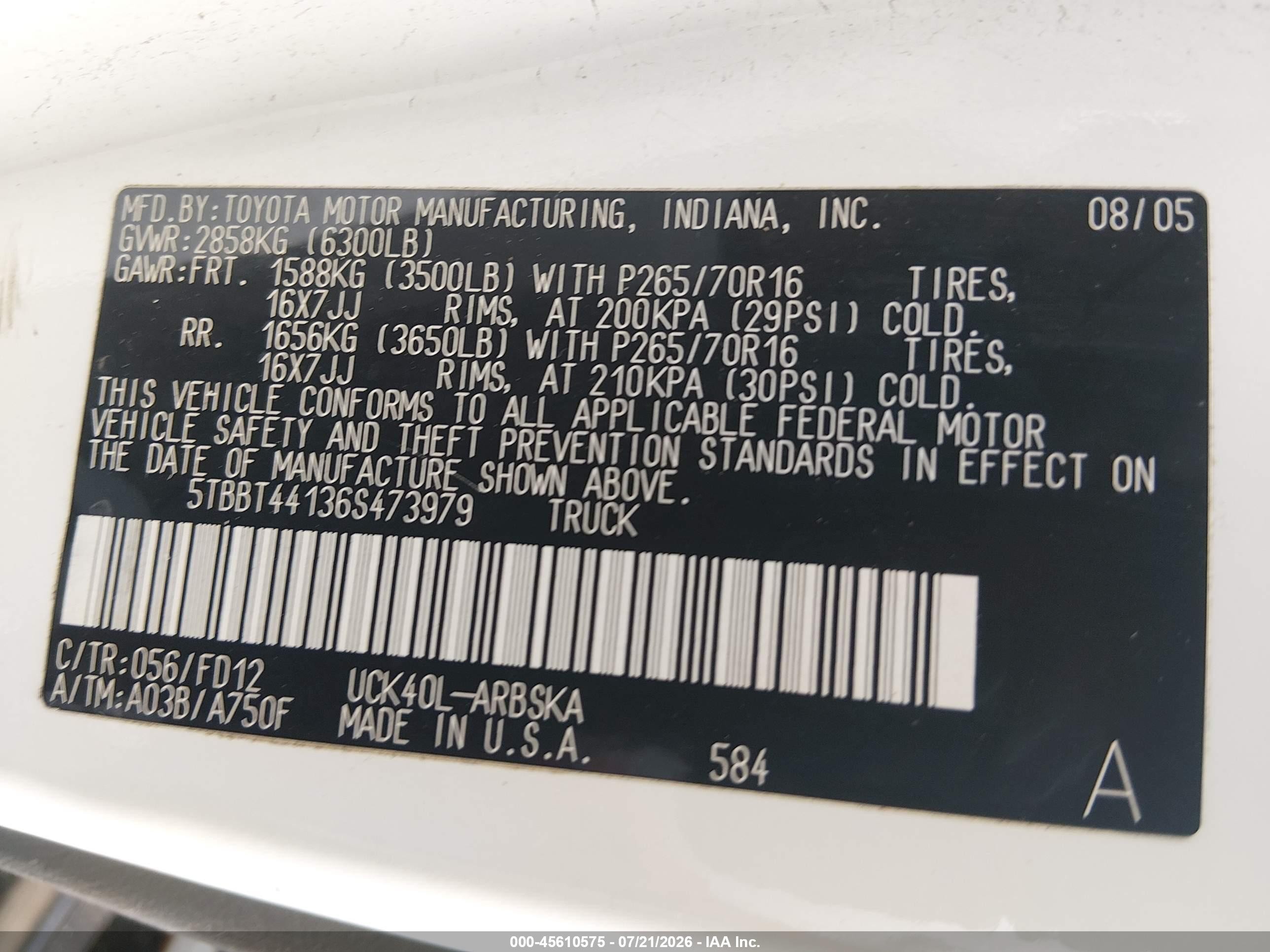 2006 Toyota Tundra Sr5 V8 White vin: 5TBBT44136S473979