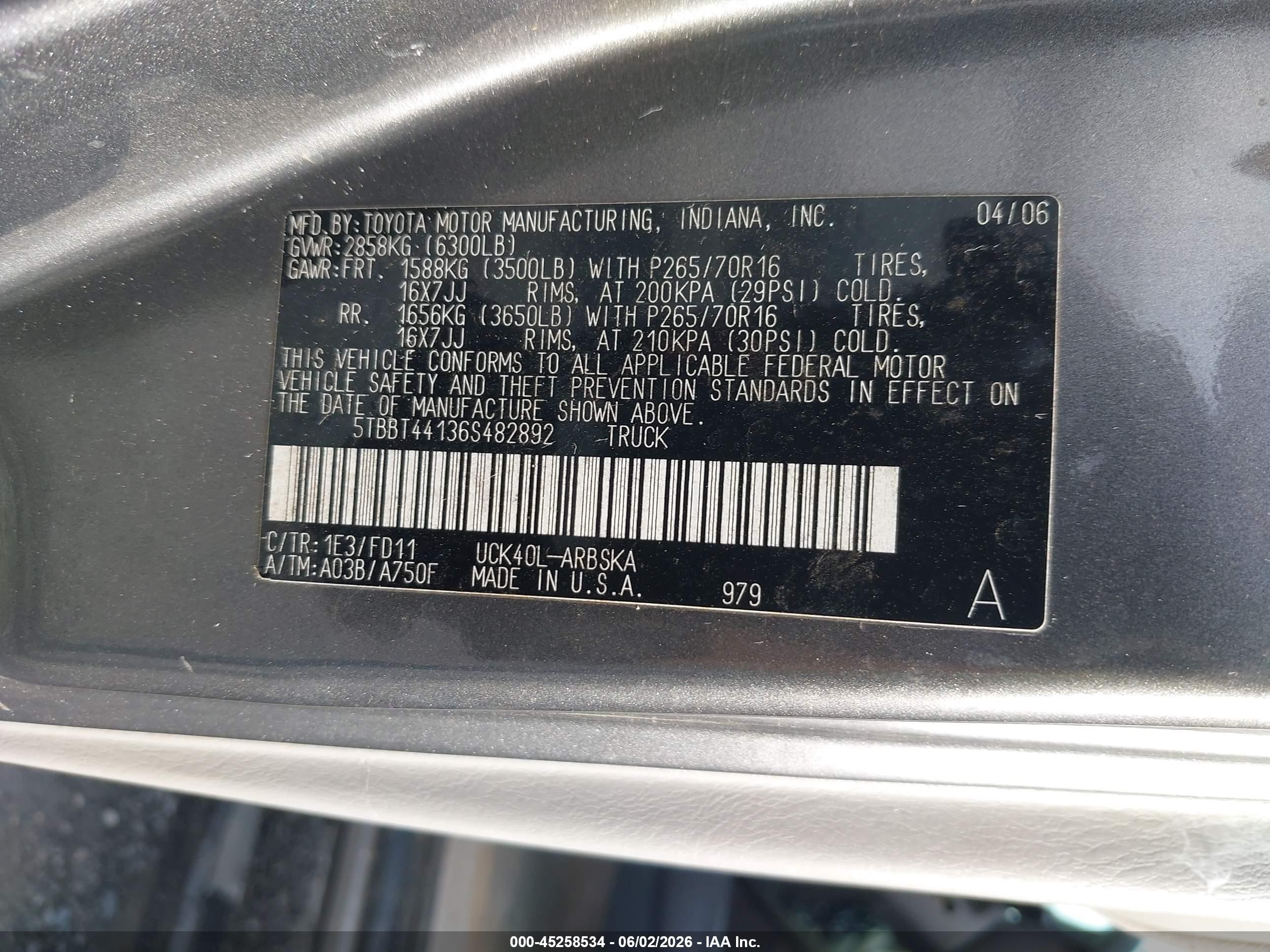 2006 Toyota Tundra Sr5 V8 Gray vin: 5TBBT44136S482892