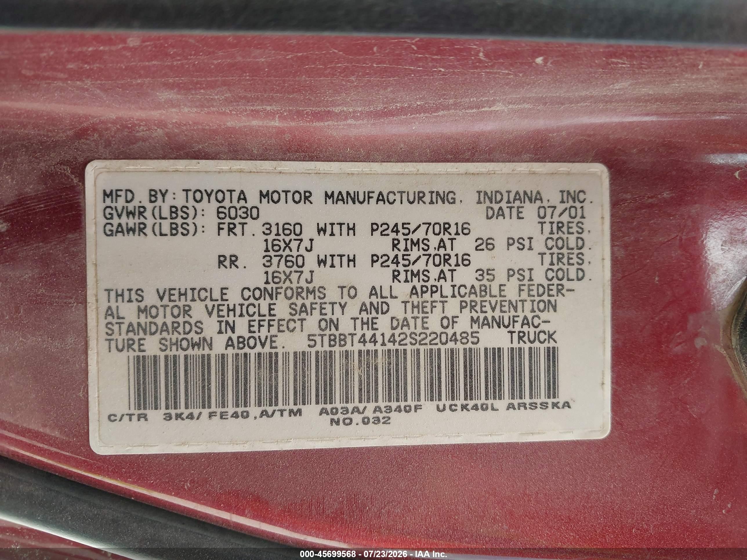 2002 Toyota Tundra Sr5 V8 Red vin: 5TBBT44142S220485