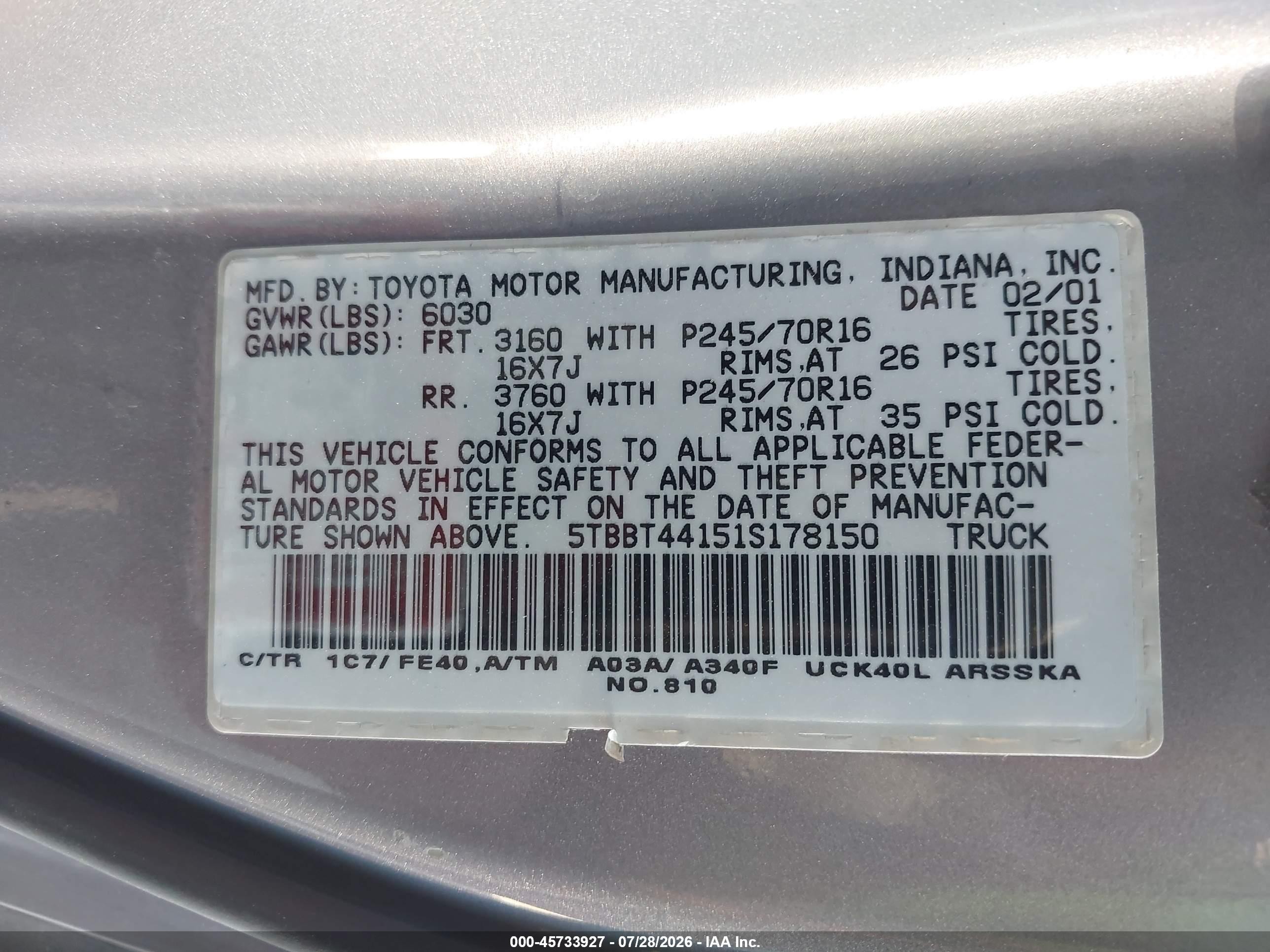 2001 Toyota Tundra Sr5 V8 Gray vin: 5TBBT44151S178150