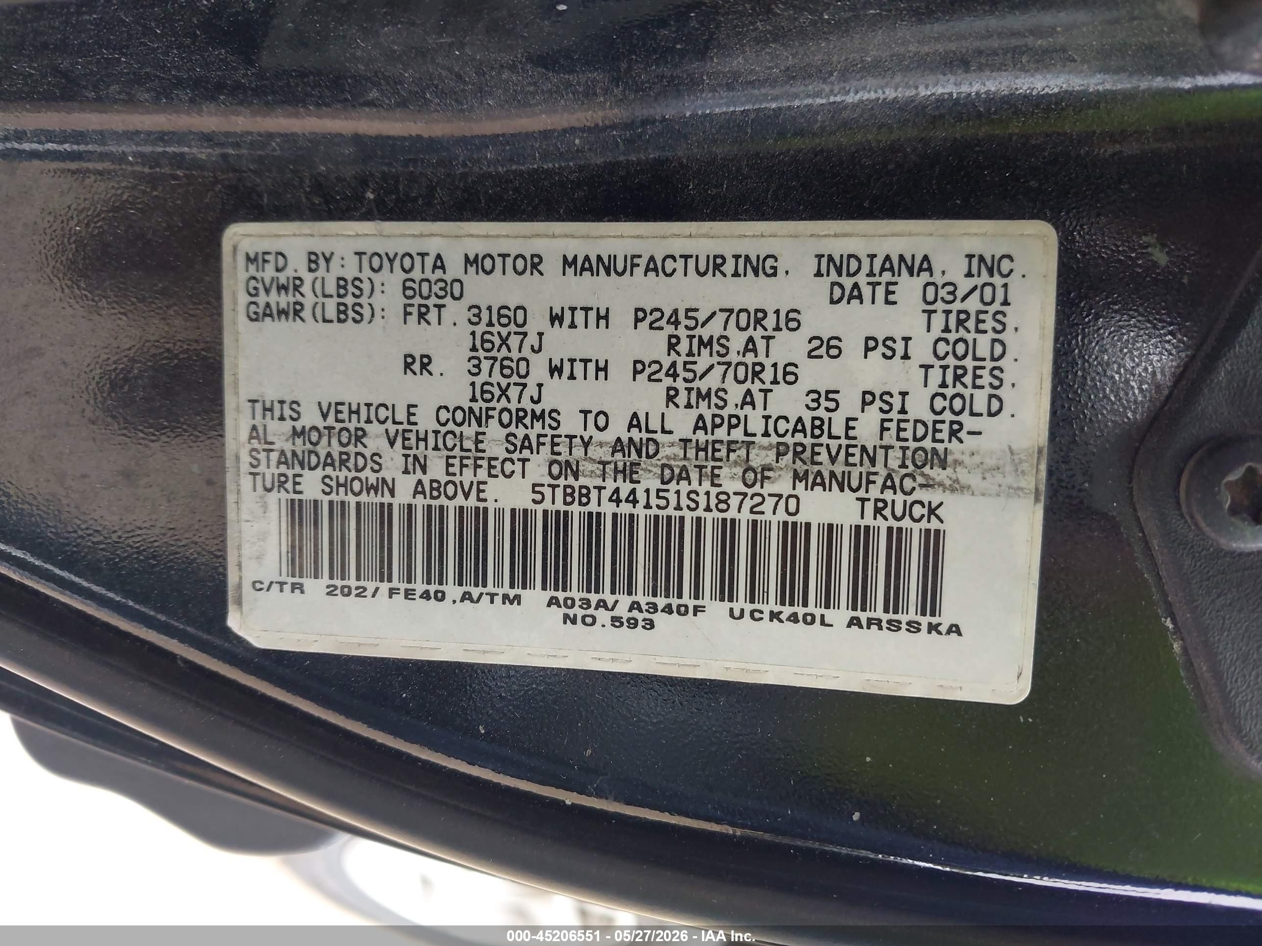2001 Toyota Tundra Sr5 V8 Черный vin: 5TBBT44151S187270
