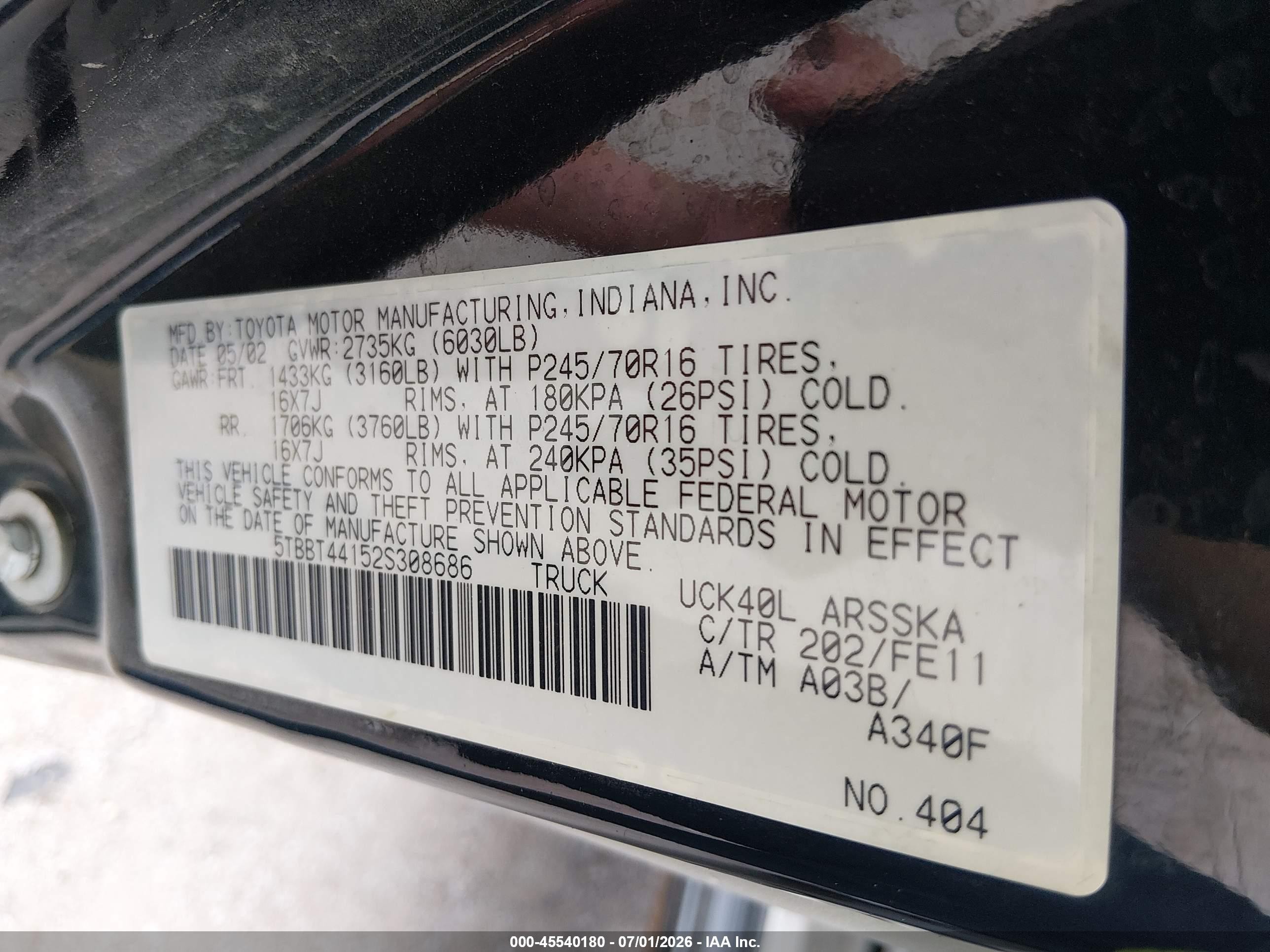2002 Toyota Tundra Sr5 V8 Black vin: 5TBBT44152S308686