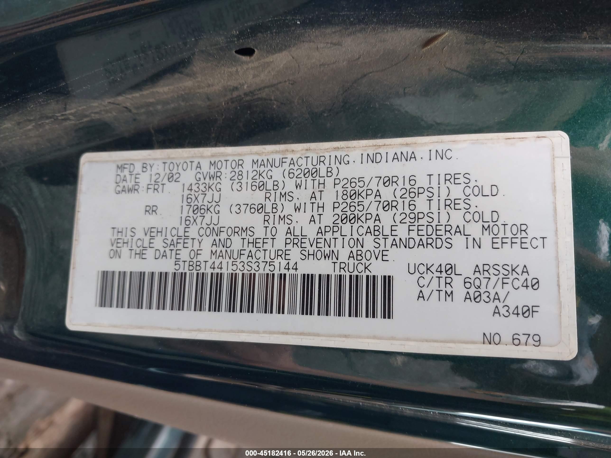 2003 Toyota Tundra Sr5 V8 Green vin: 5TBBT44153S375144