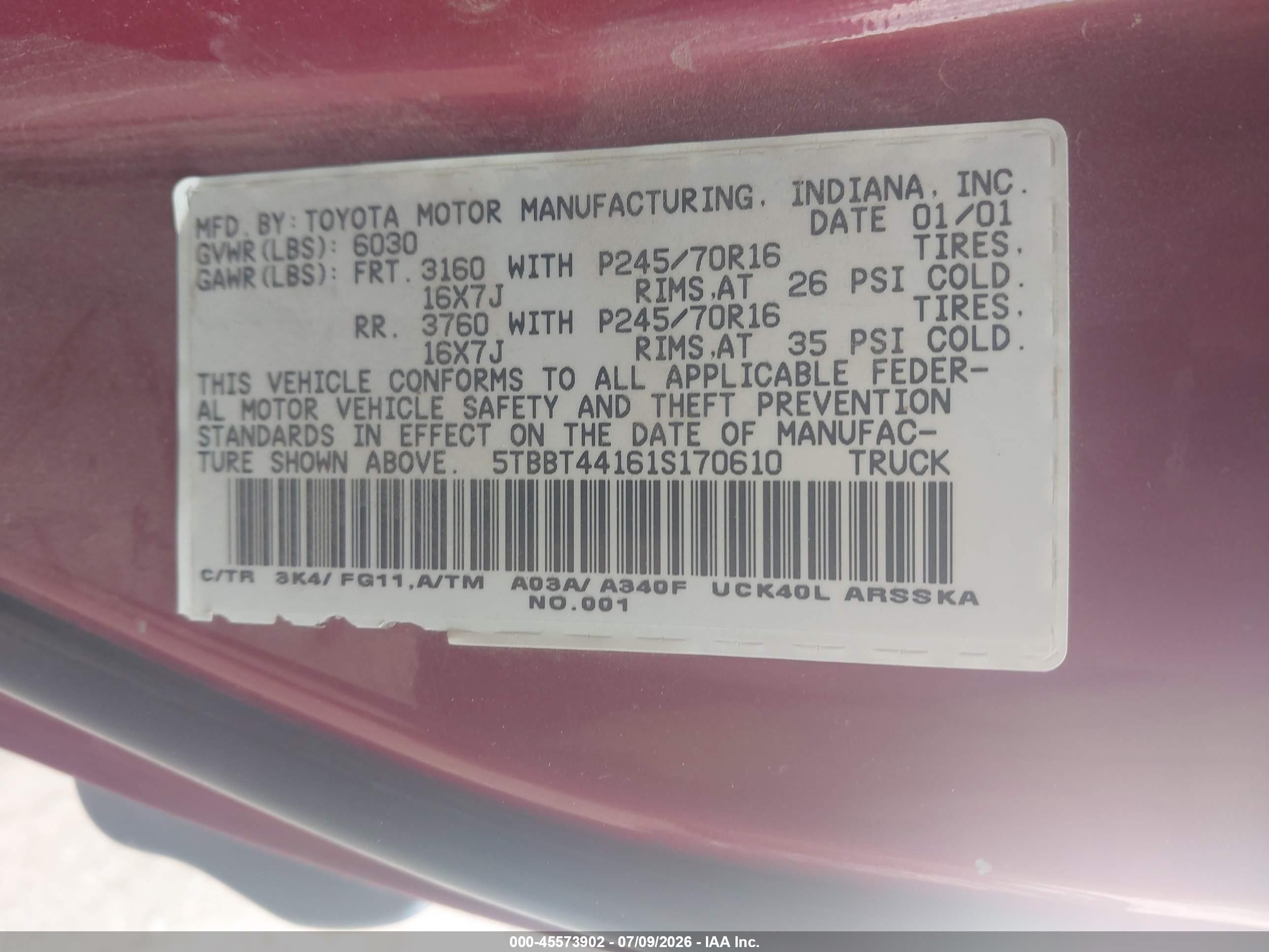 2001 Toyota Tundra Sr5 V8 Red vin: 5TBBT44161S170610