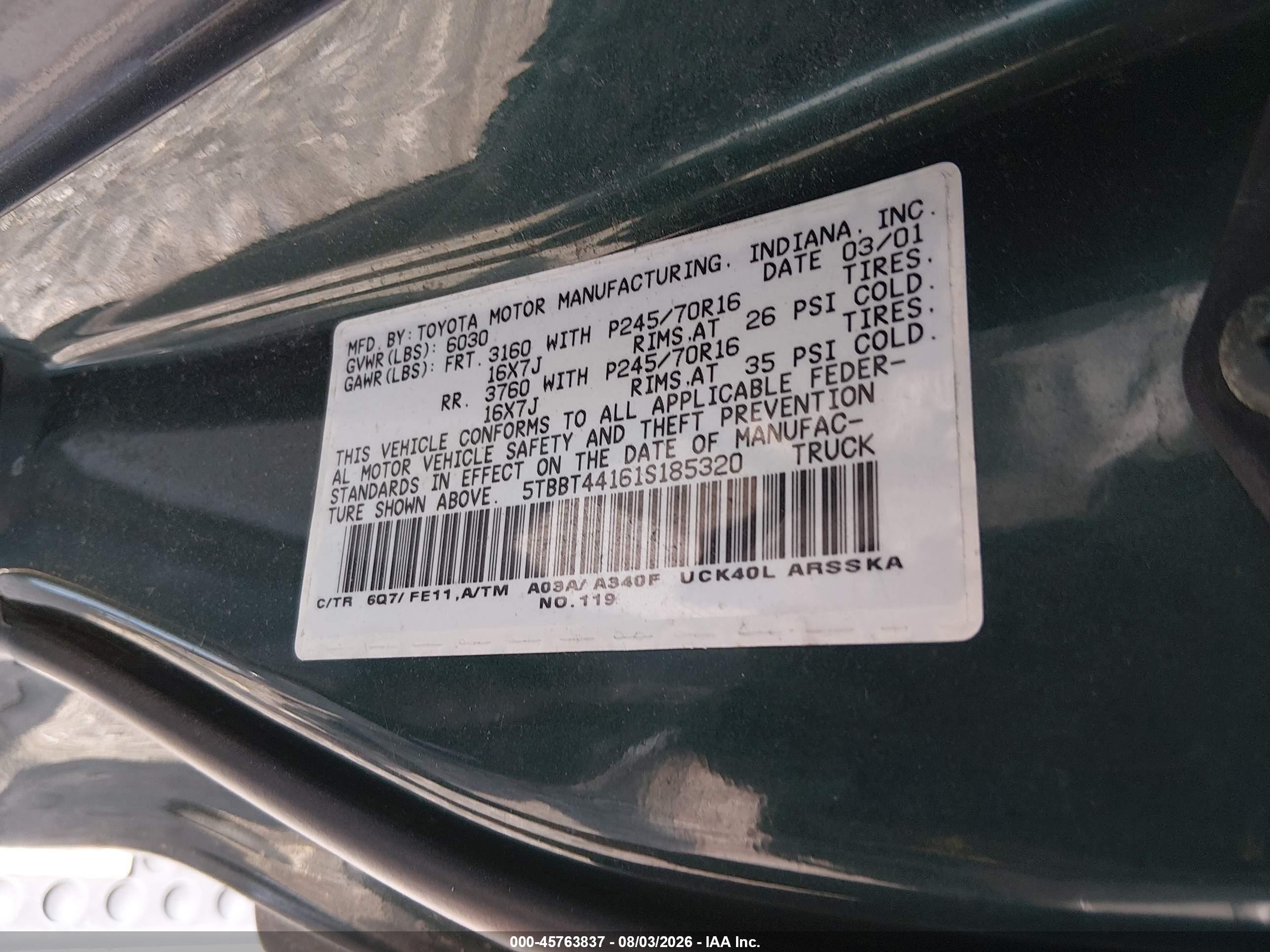 2001 Toyota Tundra Sr5 V8 Зеленый vin: 5TBBT44161S185320