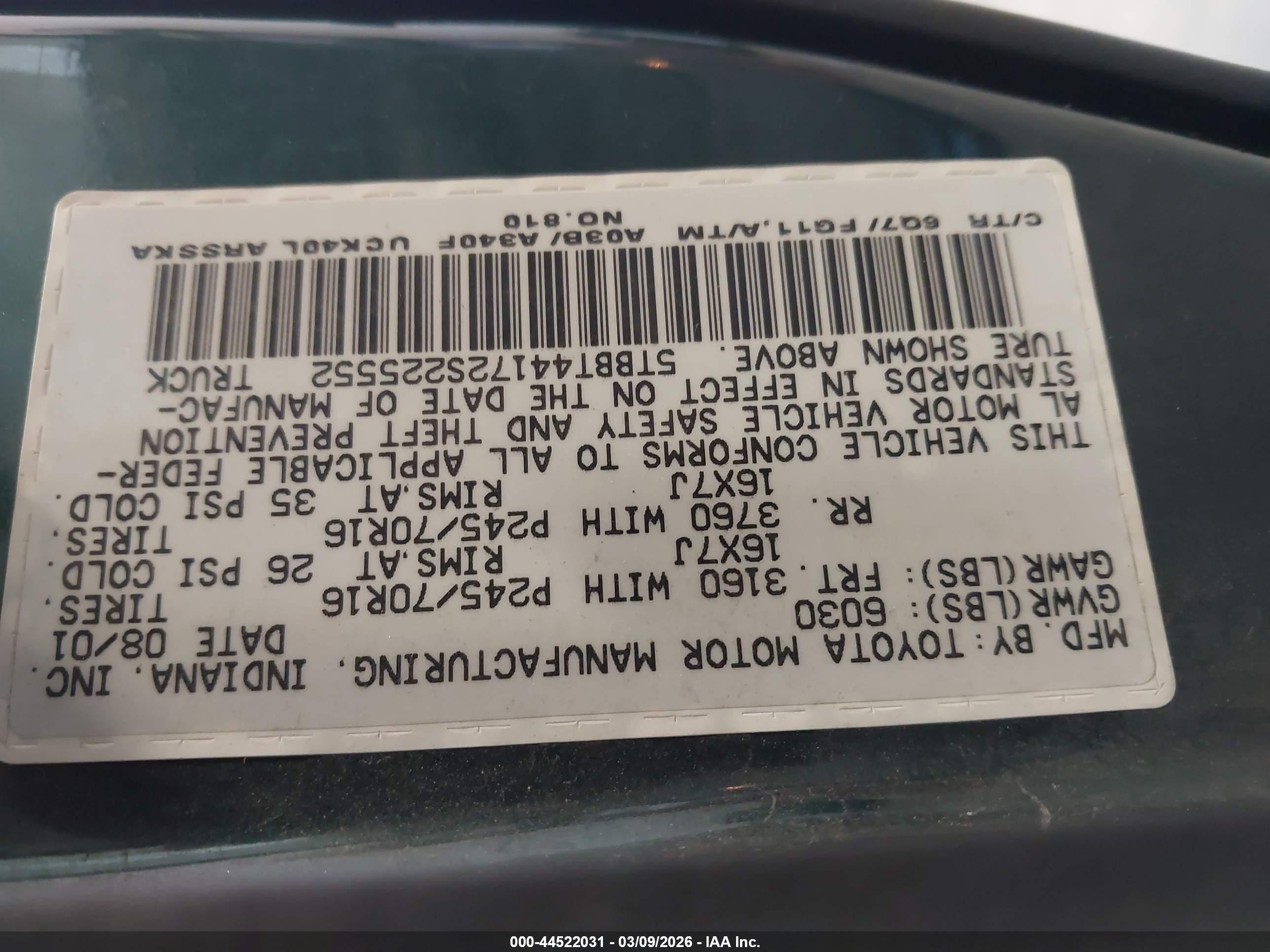 2002 Toyota Tundra Access Cab/access Cab Sr5 Green vin: 5TBBT44172S225552