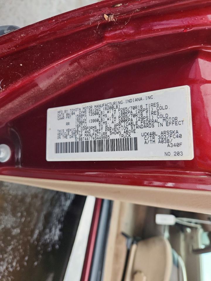 2004 Toyota Tundra Sr5 Red vin: 5TBBT44174S449665
