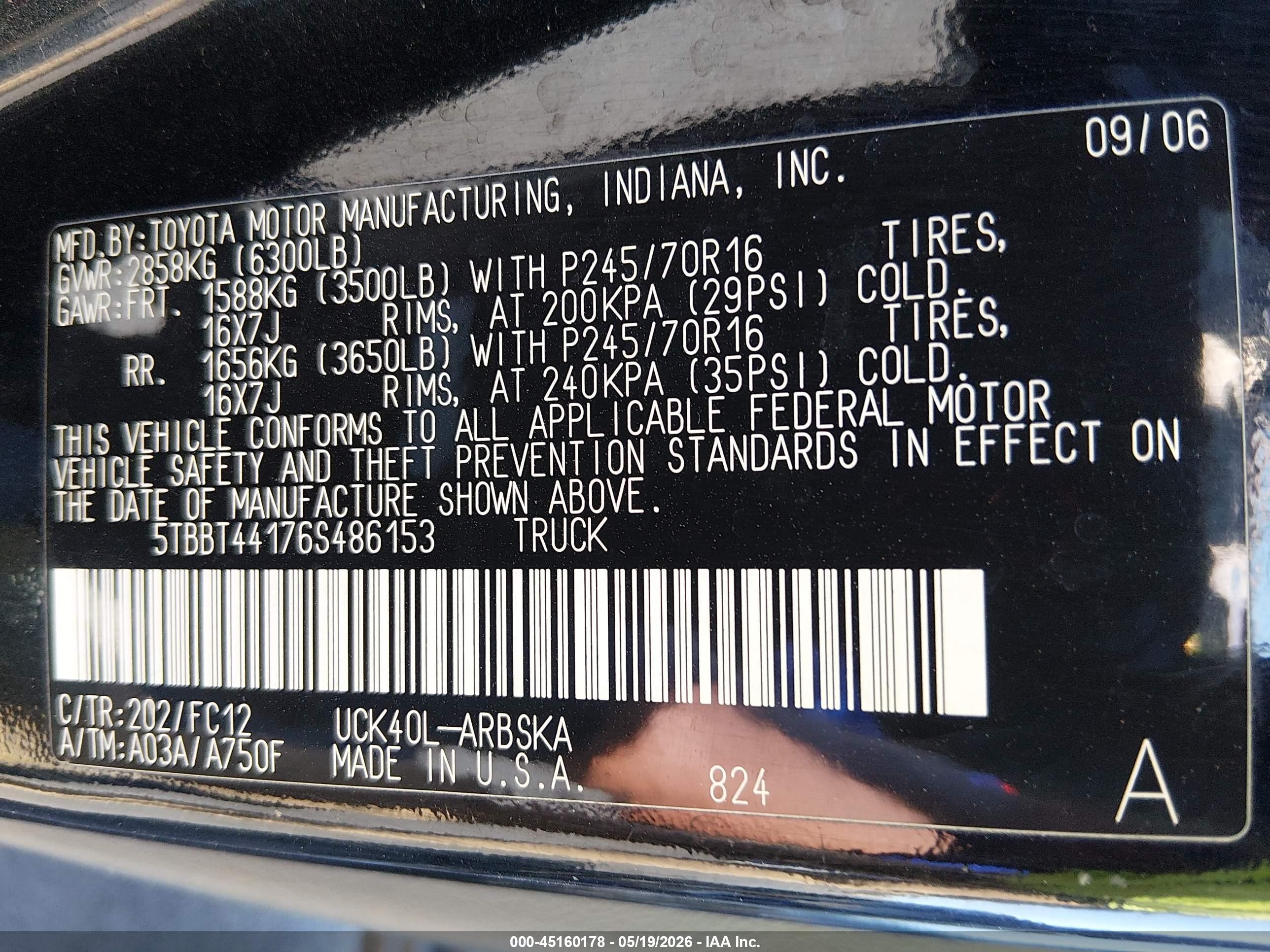 2006 Toyota Tundra Sr5 V8 Черный vin: 5TBBT44176S486153