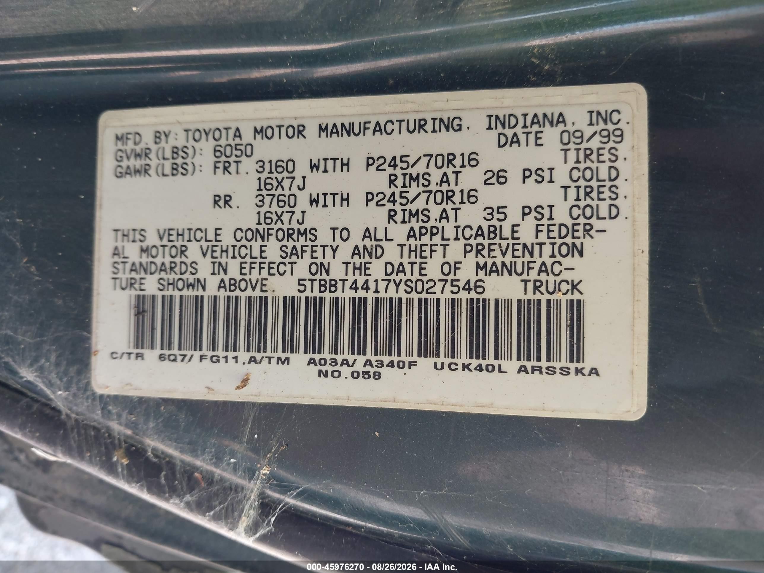 2000 Toyota Tundra Access Cab/access Cab Sr5 Black vin: 5TBBT4417YS027546