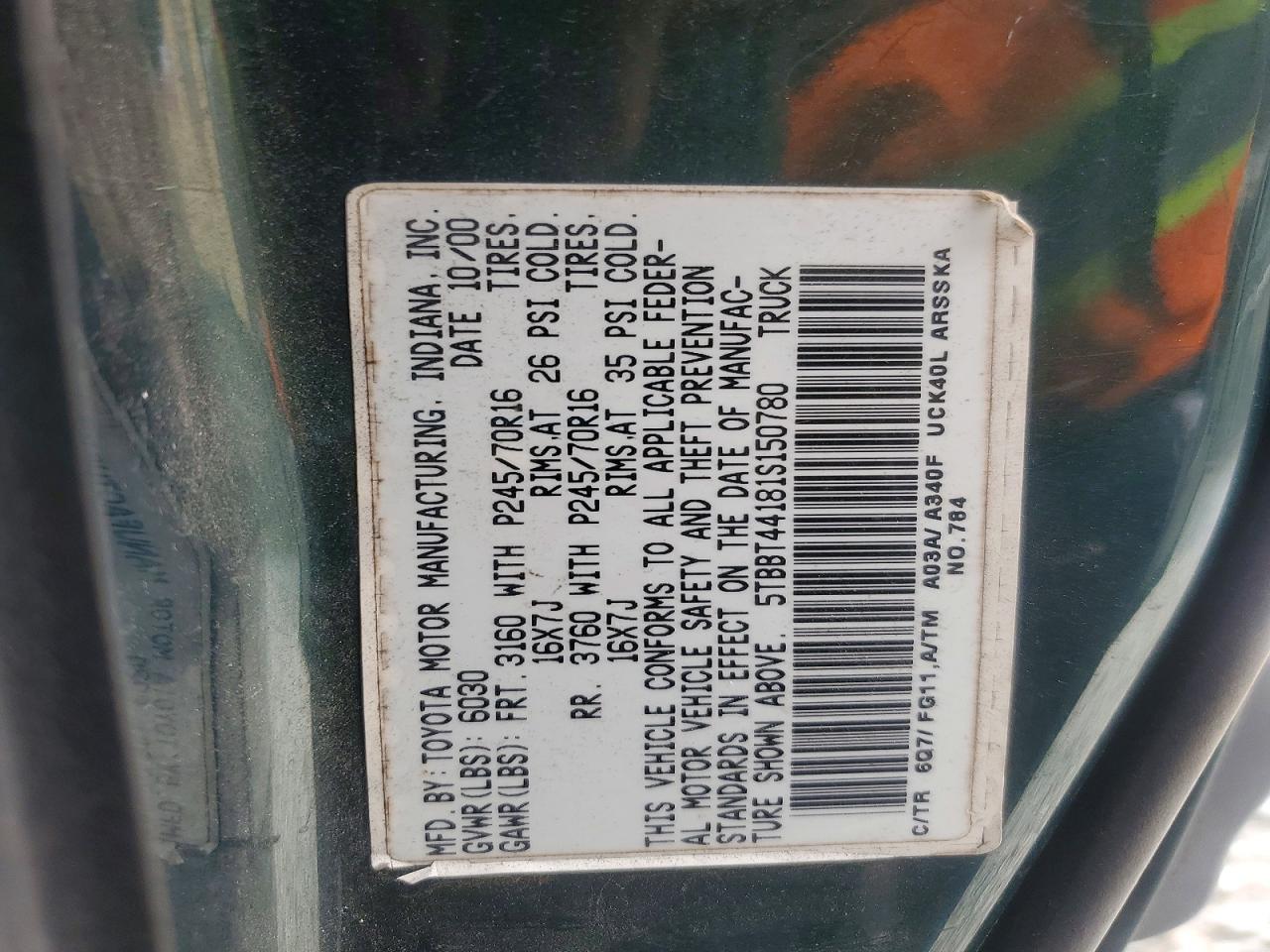 2001 Toyota Tundra Sr5 Green vin: 5TBBT44181S150780