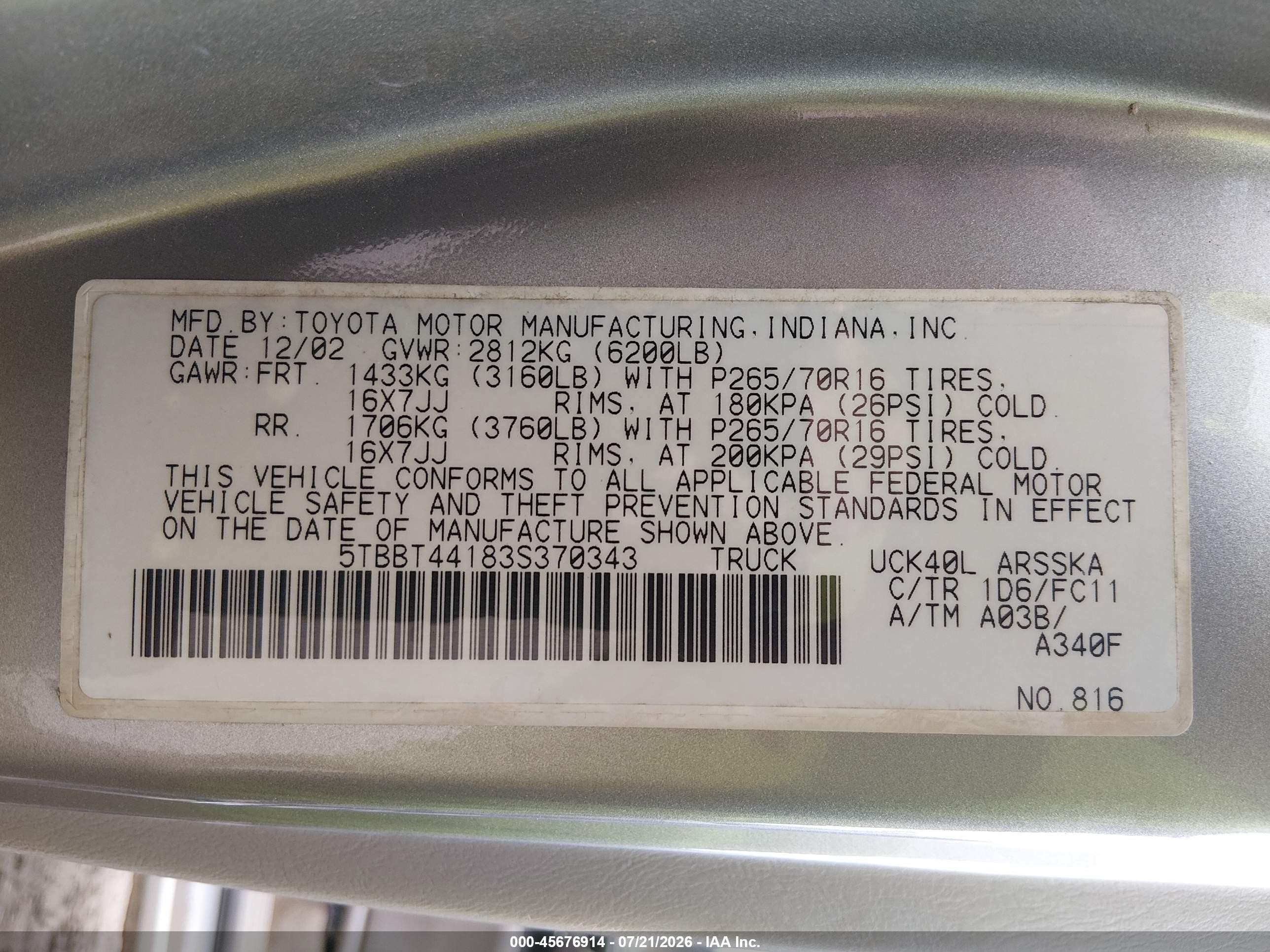 2003 Toyota Tundra Sr5 V8 Silver vin: 5TBBT44183S370343