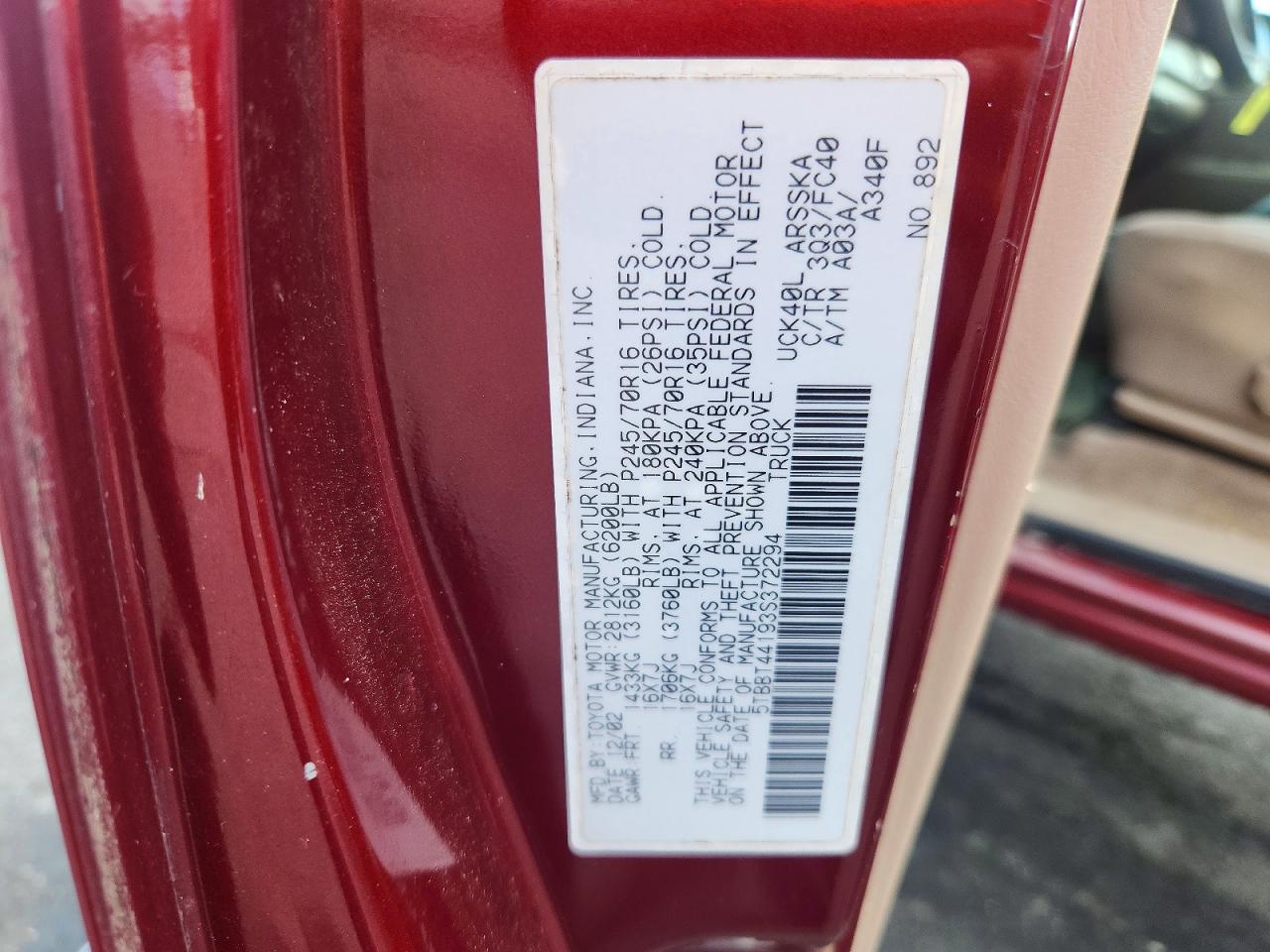 2003 Toyota Tundra Sr5 Burgundy vin: 5TBBT44193S372294