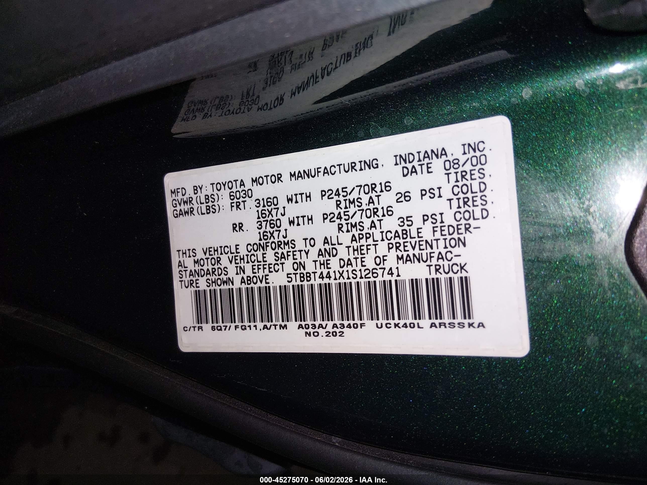 2001 Toyota Tundra Sr5 V8 Green vin: 5TBBT441X1S126741