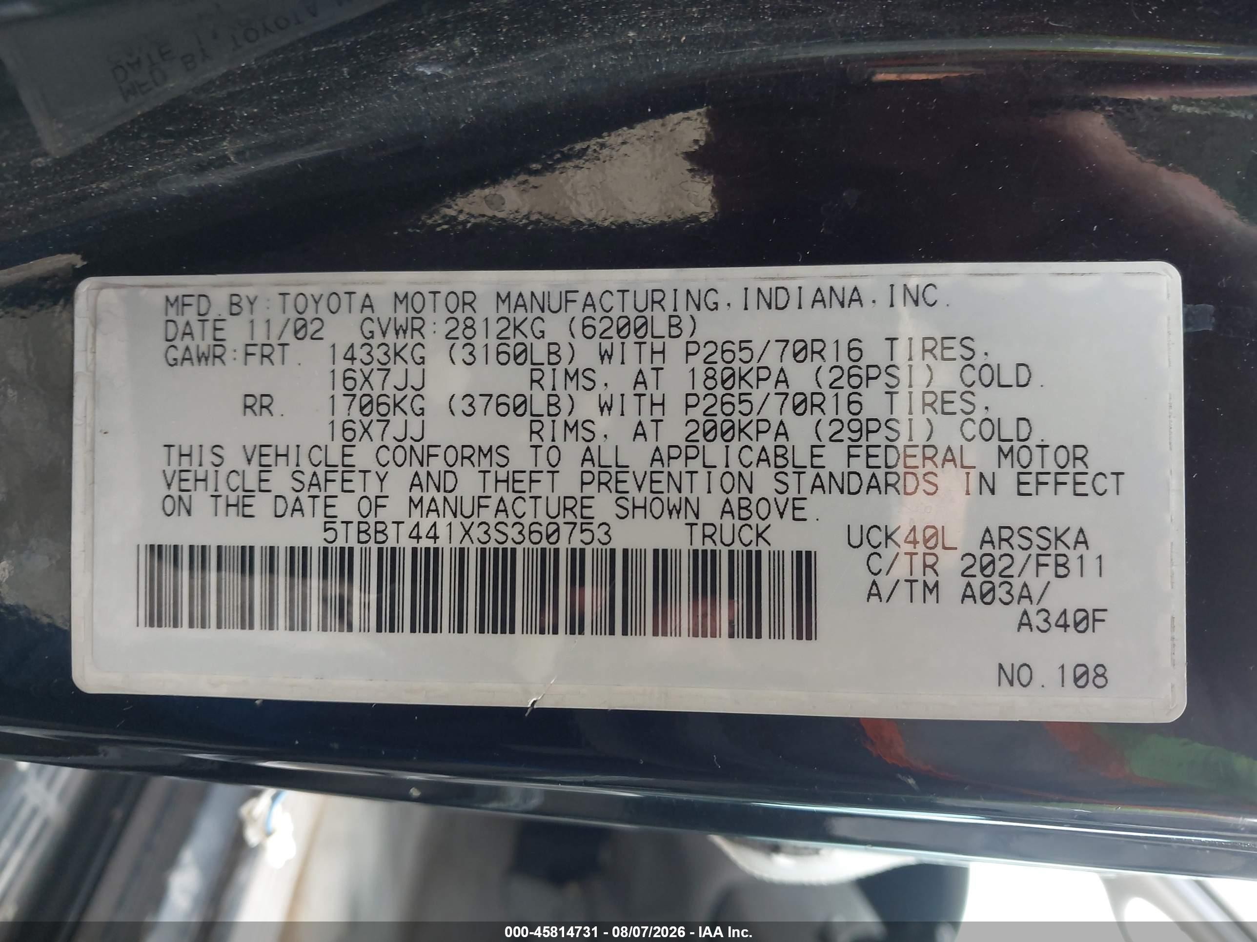 2003 Toyota Tundra Sr5 V8 Black vin: 5TBBT441X3S360753