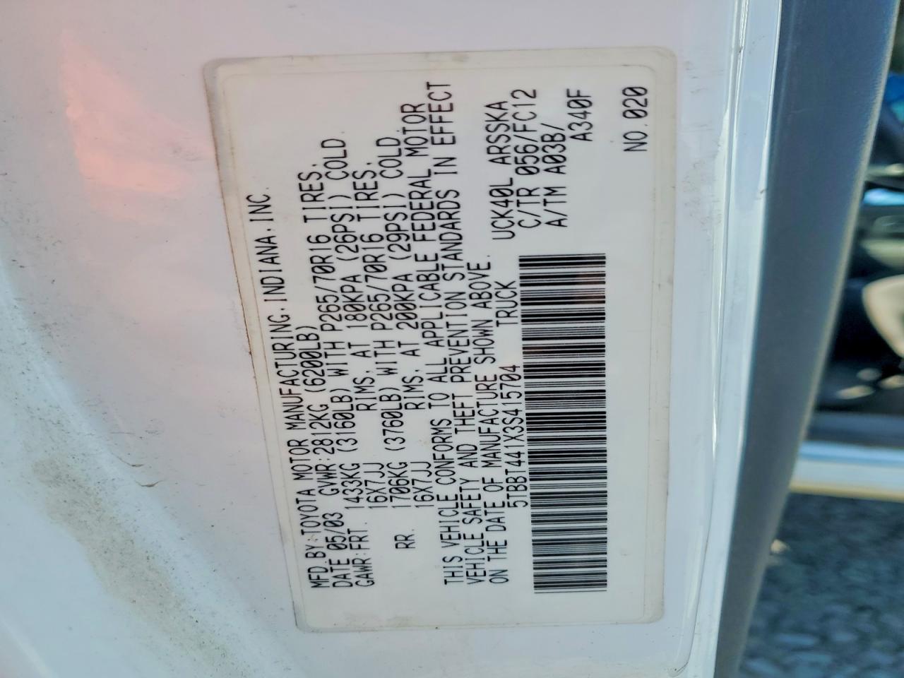 2003 Toyota Tundra Access Cab Sr5 White vin: 5TBBT441X3S415704