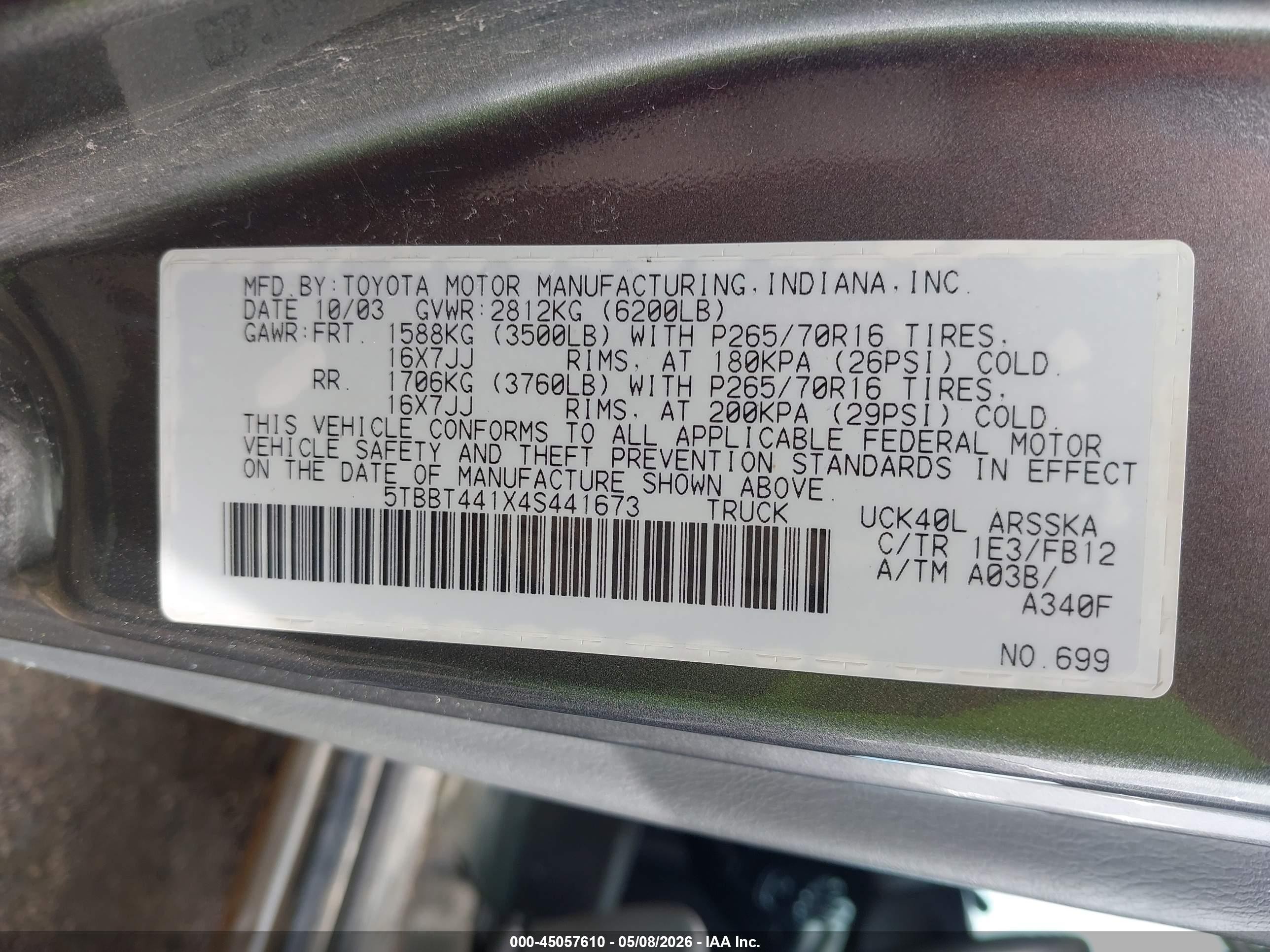 2004 Toyota Tundra Sr5 V8 Серый vin: 5TBBT441X4S441673
