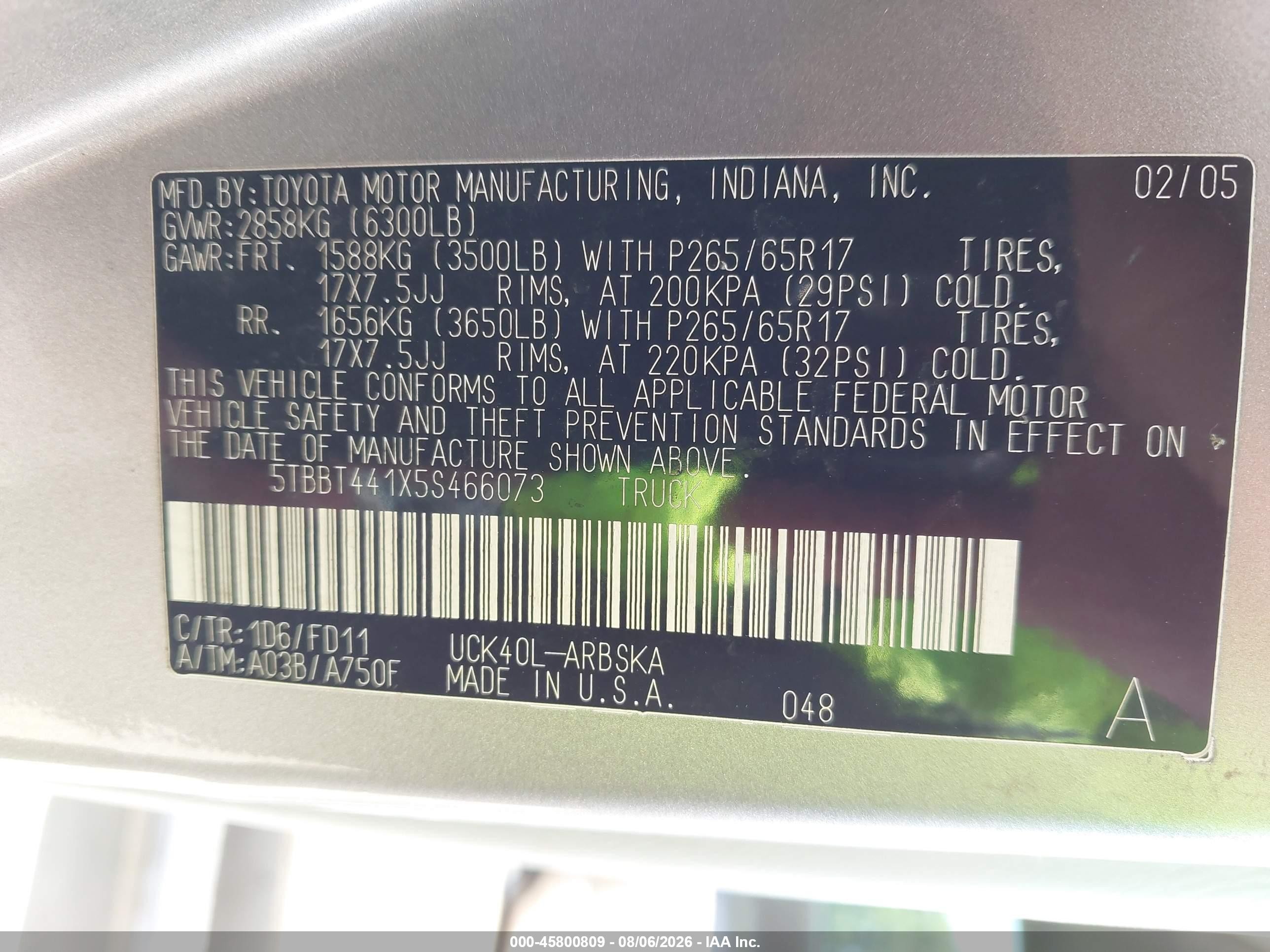 2005 Toyota Tundra Sr5 V8 Silver vin: 5TBBT441X5S466073