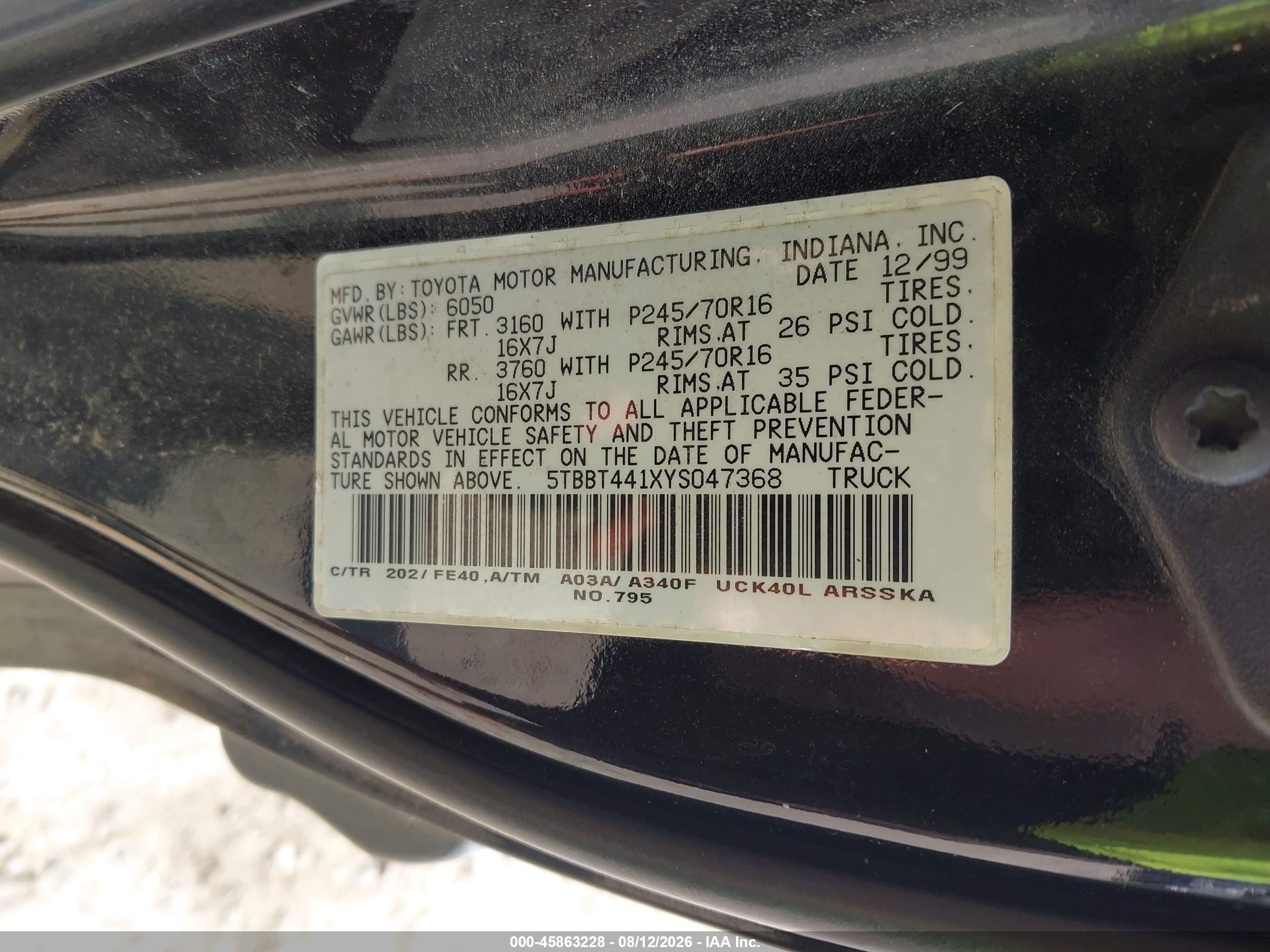 2000 Toyota Tundra Sr5 V8 Black vin: 5TBBT441XYS047368