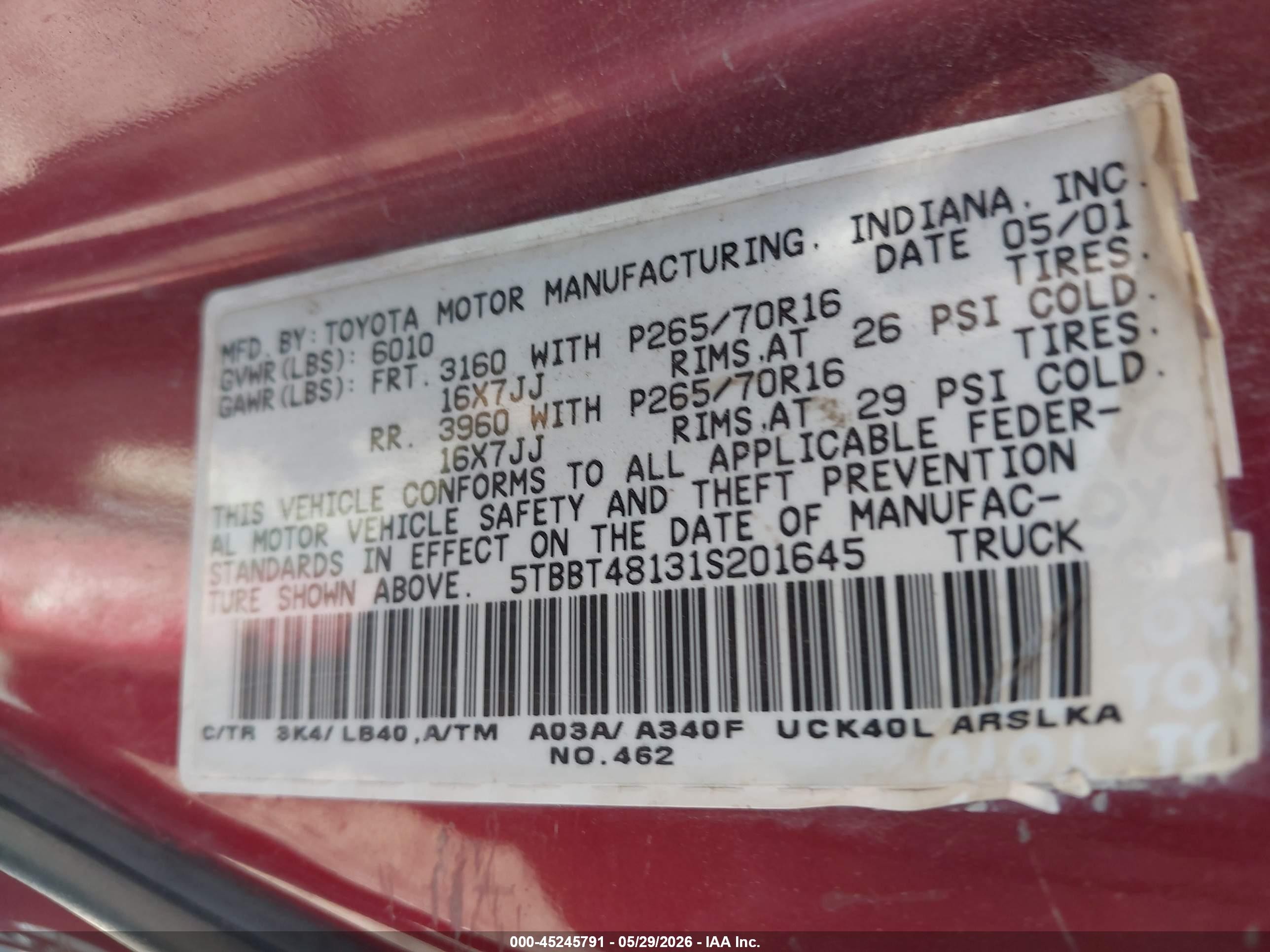 2001 Toyota Tundra Ltd Red vin: 5TBBT48131S201645