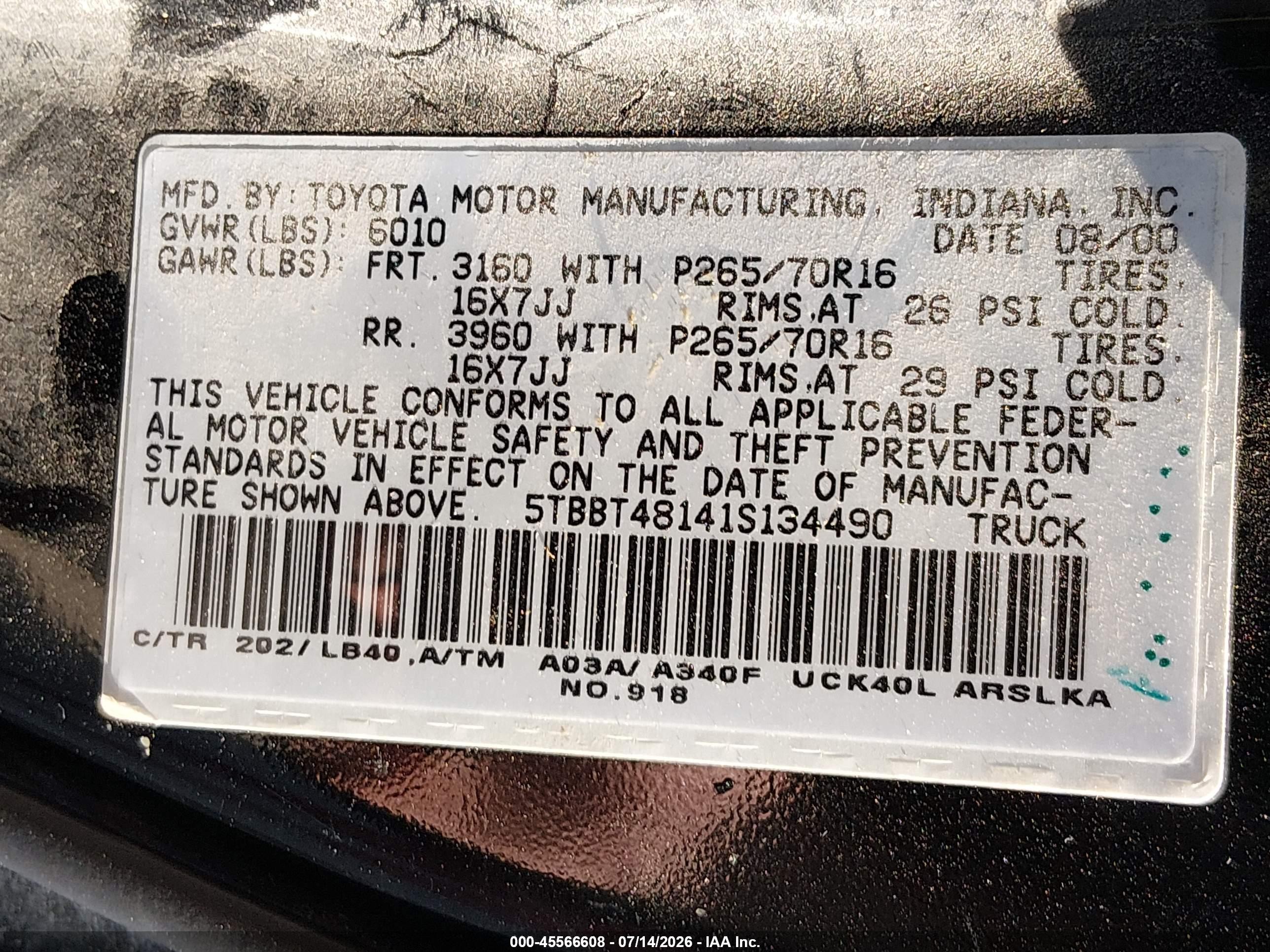 2001 Toyota Tundra Ltd V8 Черный vin: 5TBBT48141S134490