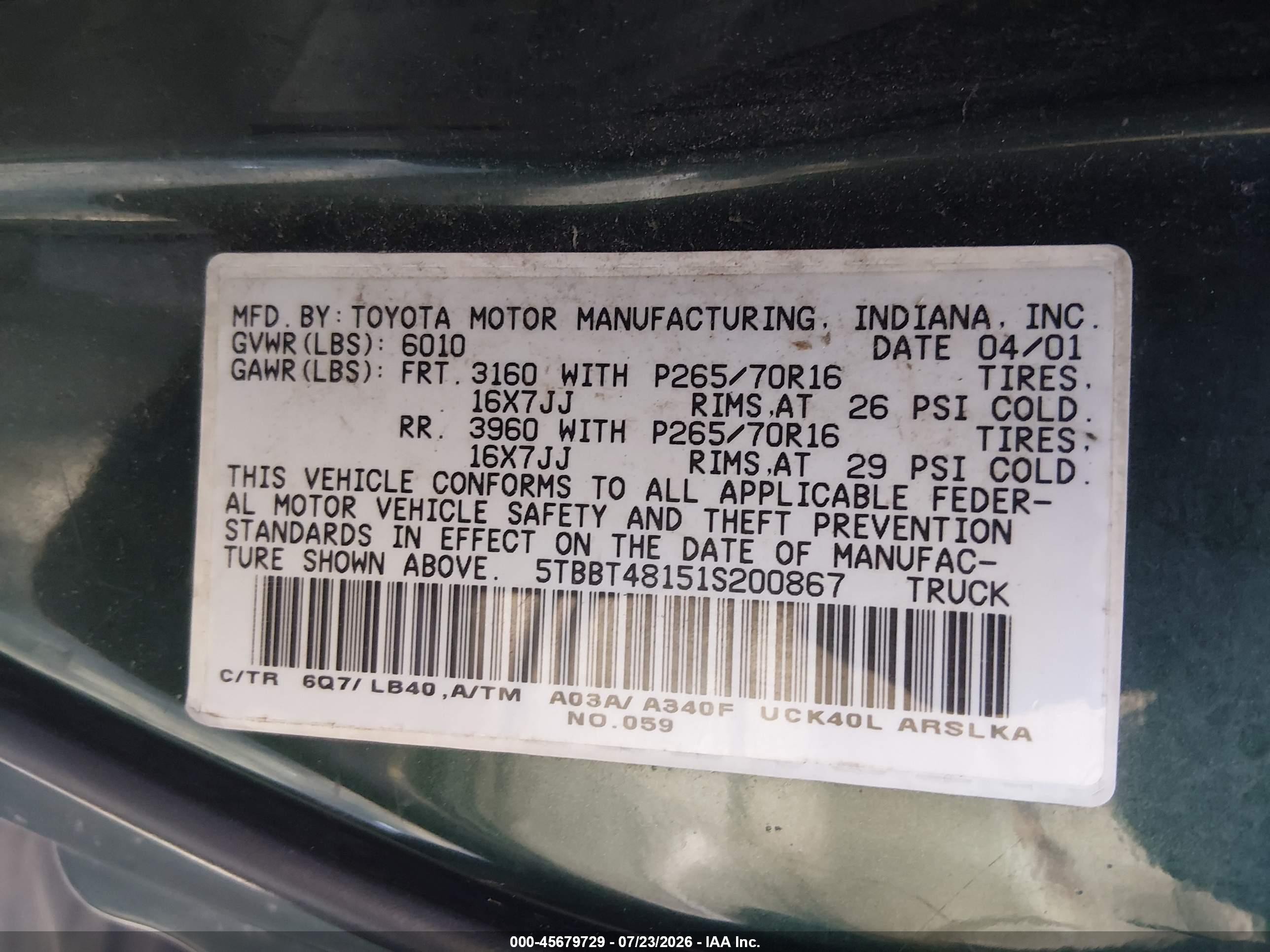 2001 Toyota Tundra Ltd V8 Green vin: 5TBBT48151S200867