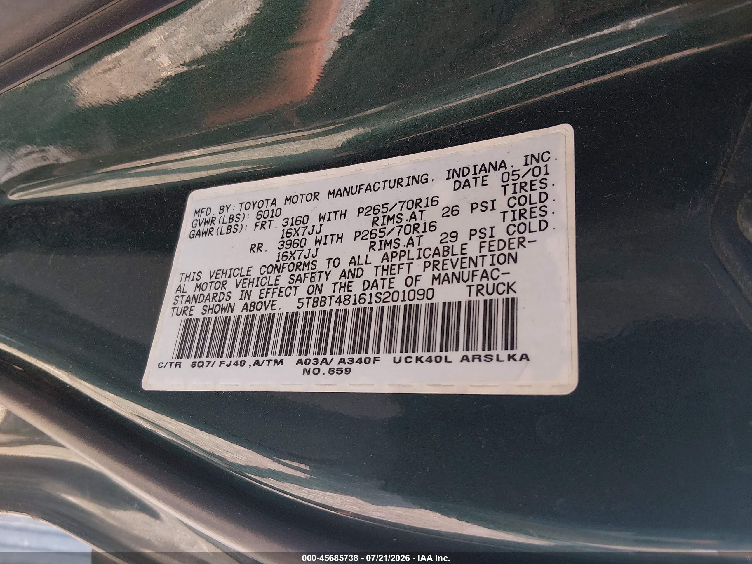 2001 Toyota Tundra Ltd V8 Зеленый vin: 5TBBT48161S201090
