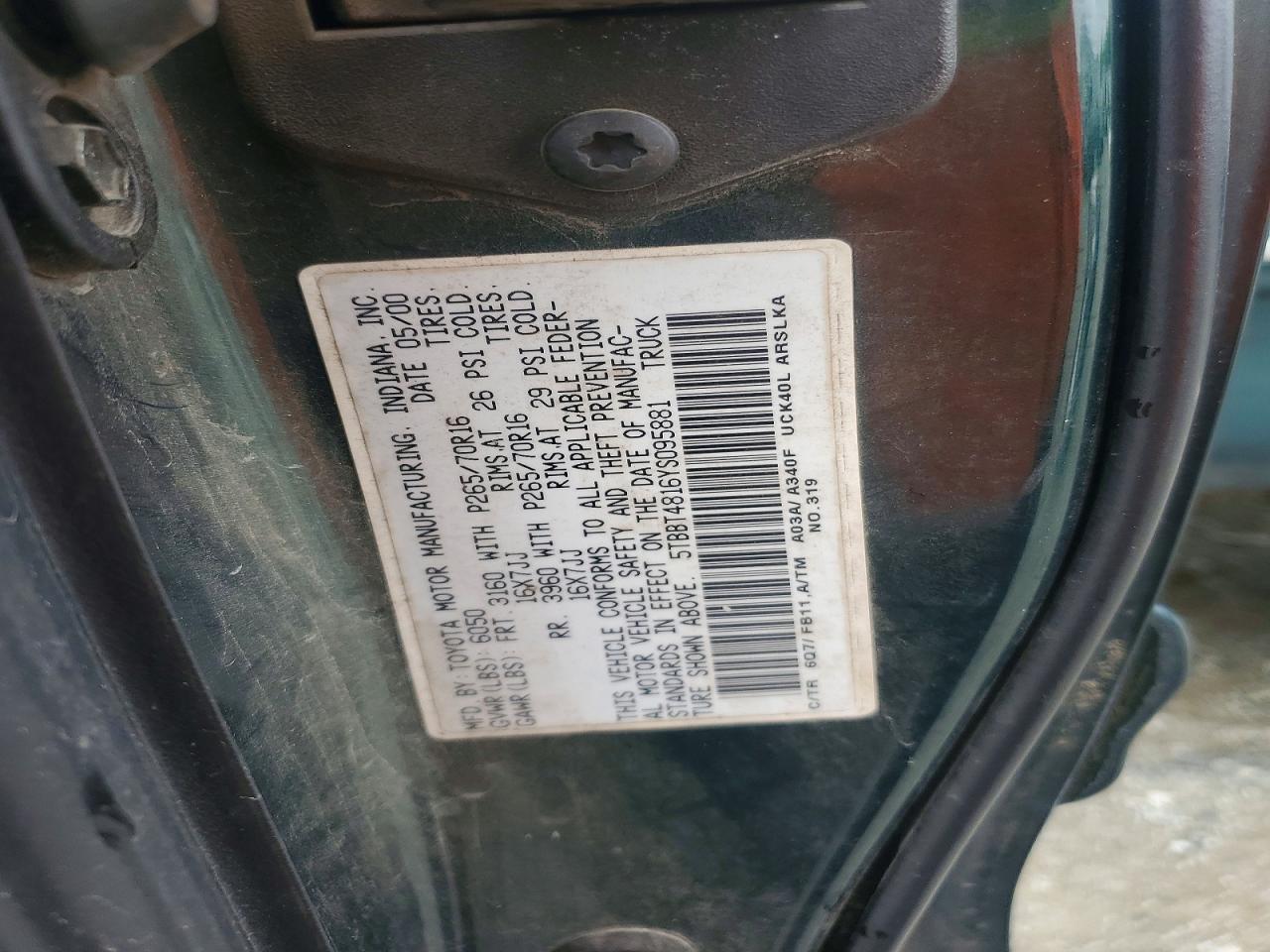 2000 Toyota Tundra Access Cab Limited Green vin: 5TBBT4816YS095881