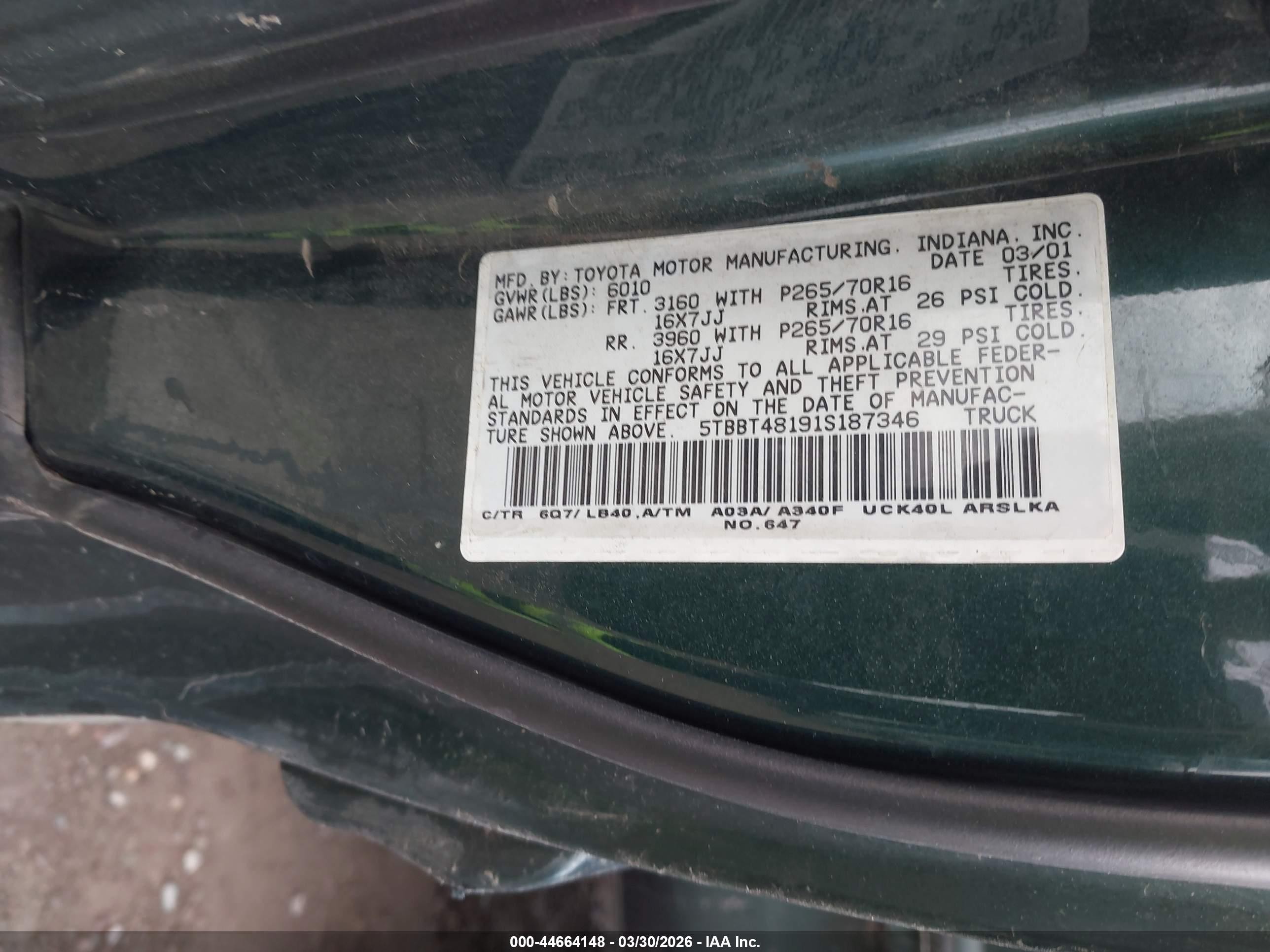 2001 Toyota Tundra Ltd V8 Зеленый vin: 5TBBT48191S187346