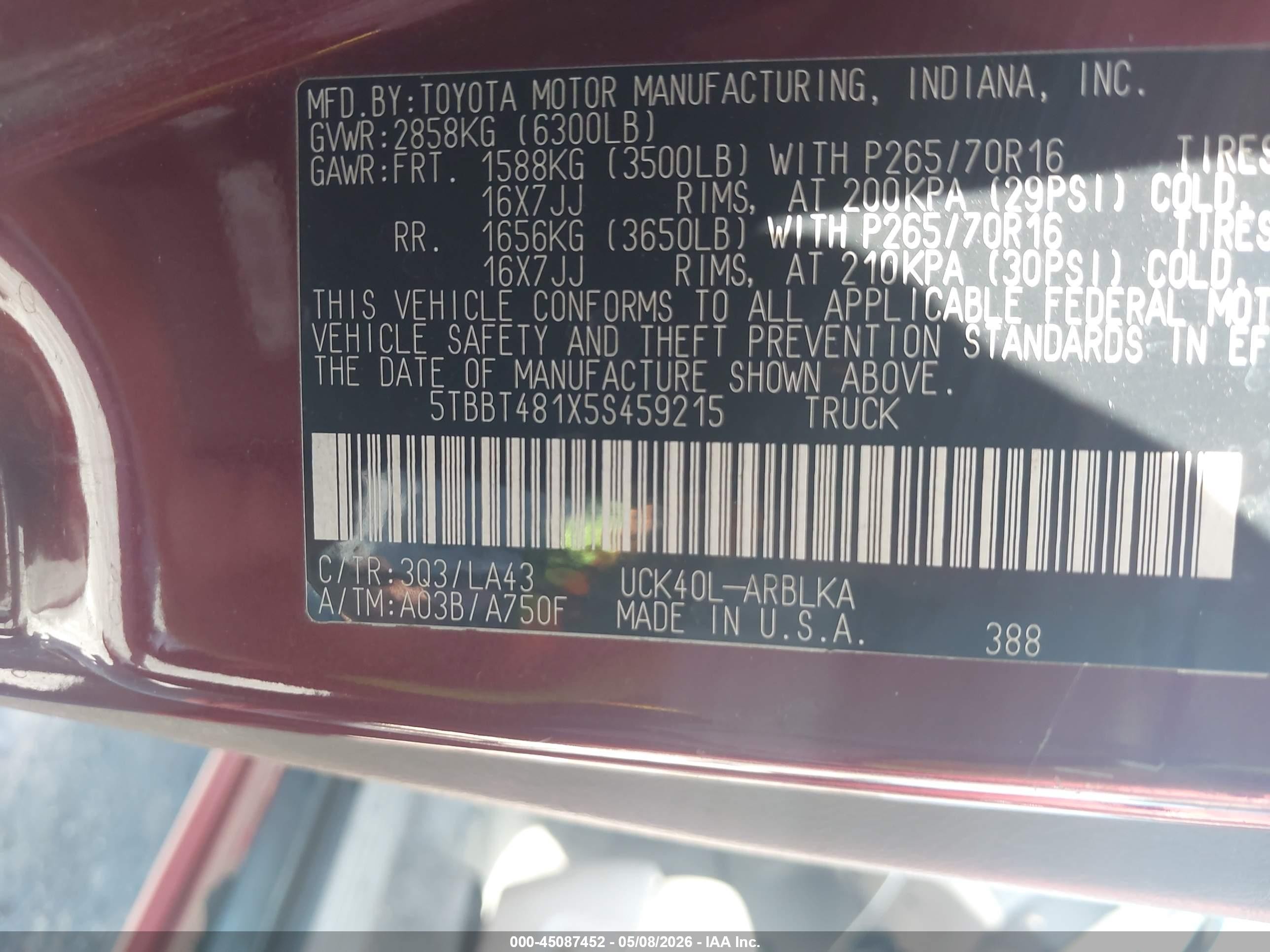 2005 Toyota Tundra Limited V8 Red vin: 5TBBT481X5S459215