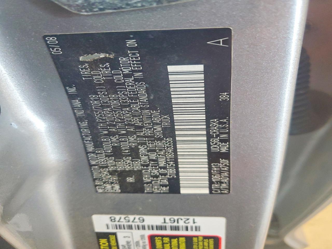 2008 Toyota Tundra Grade Silver vin: 5TBBT54118S463556