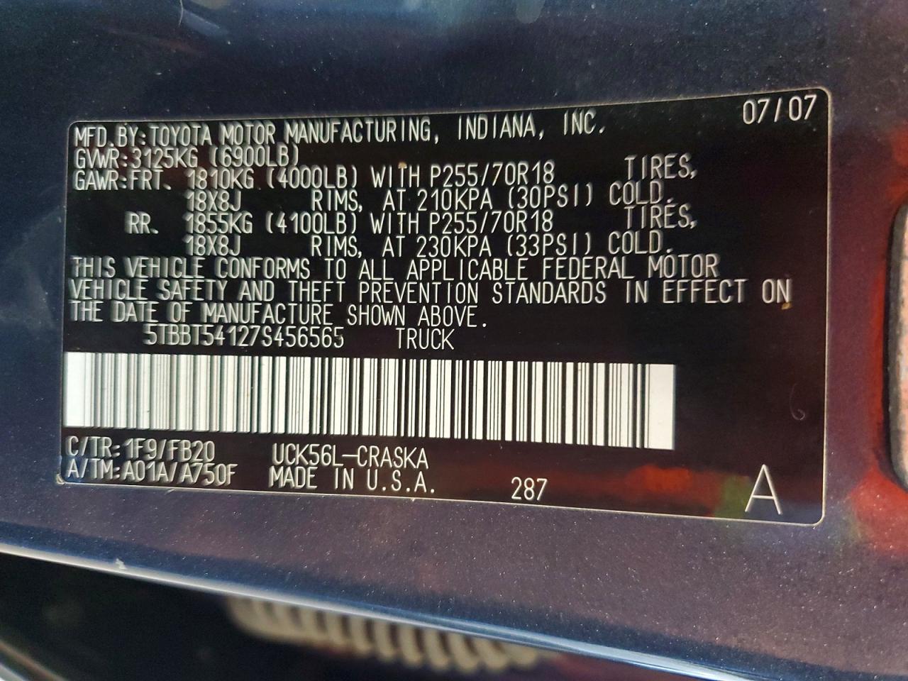 2007 Toyota Tundra Sr5 Угольный vin: 5TBBT54127S456565