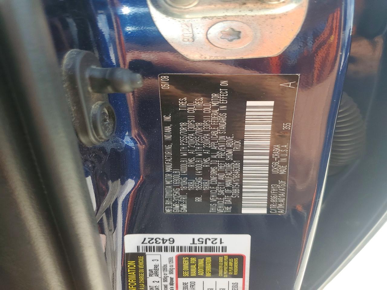 2008 Toyota Tundra Grade Blue vin: 5TBBT54178S463061