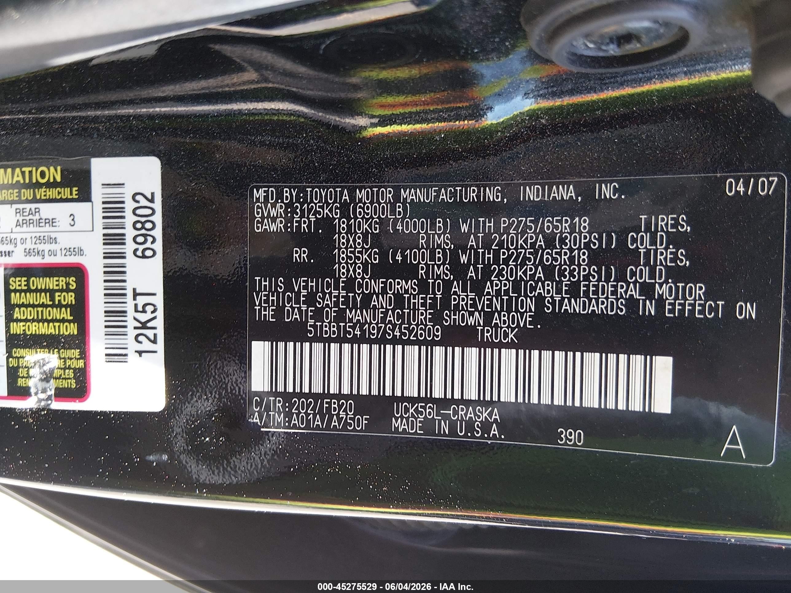2007 Toyota Tundra Sr5 4.7l V8 Black vin: 5TBBT54197S452609