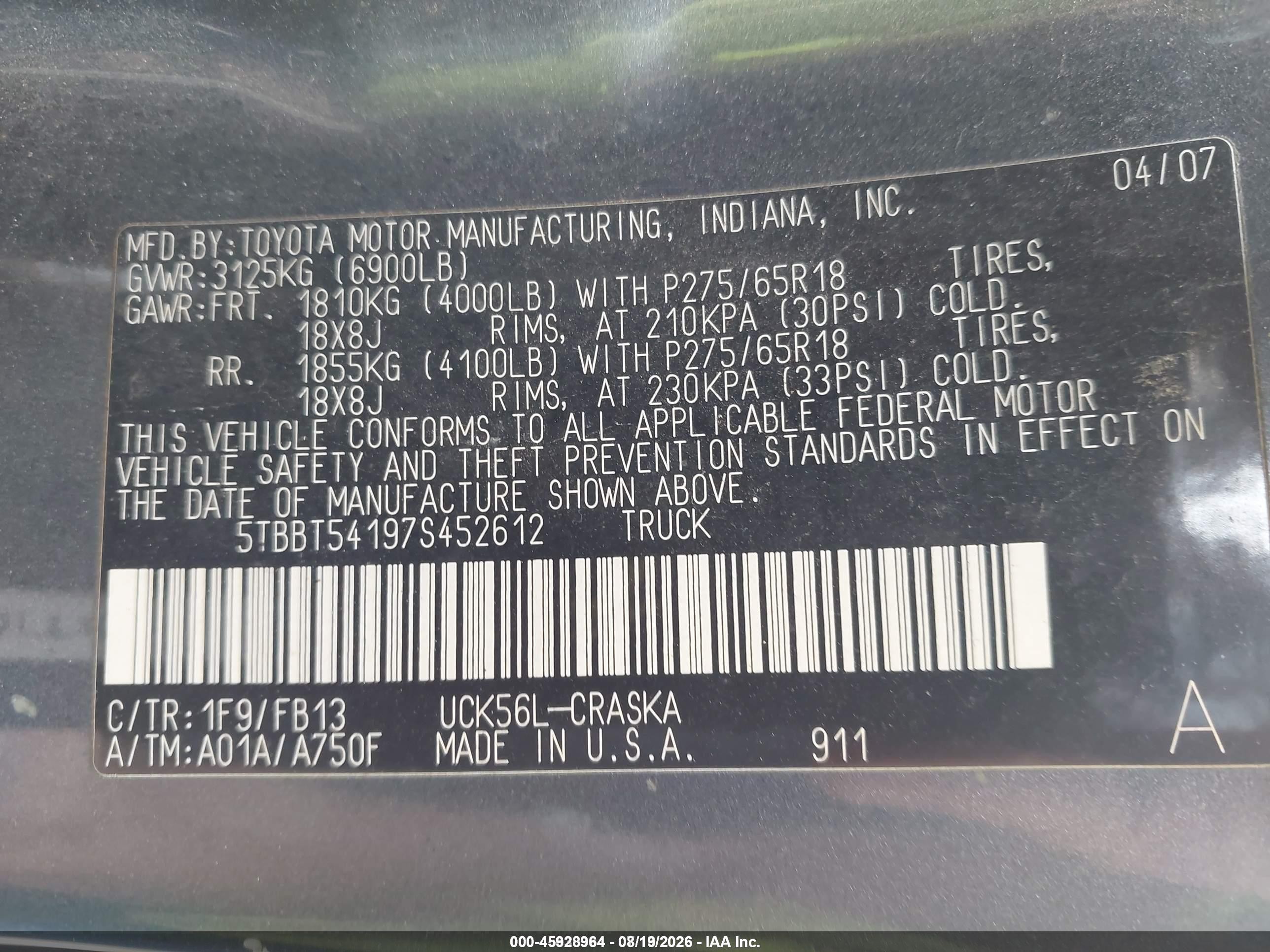 2007 Toyota Tundra Sr5 4.7l V8 Gray vin: 5TBBT54197S452612