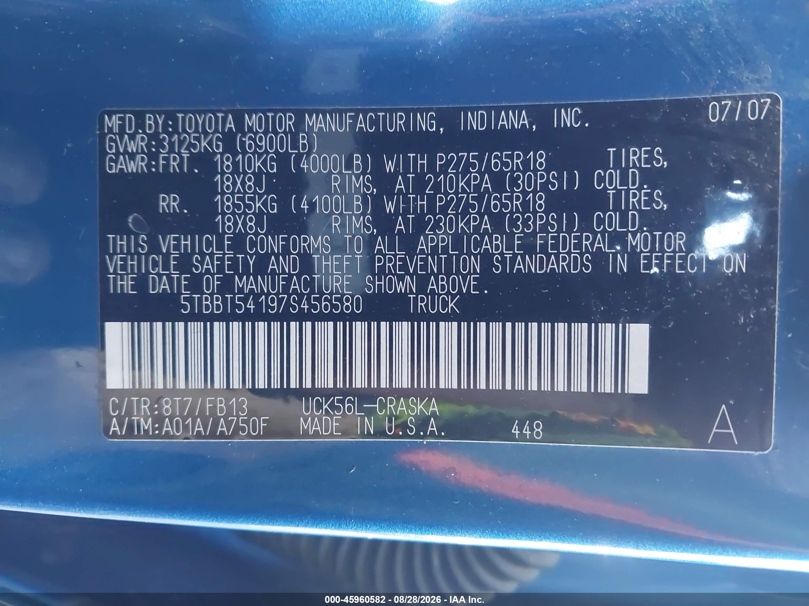 2007 Toyota Tundra Sr5 4.7l V8 Blue vin: 5TBBT54197S456580